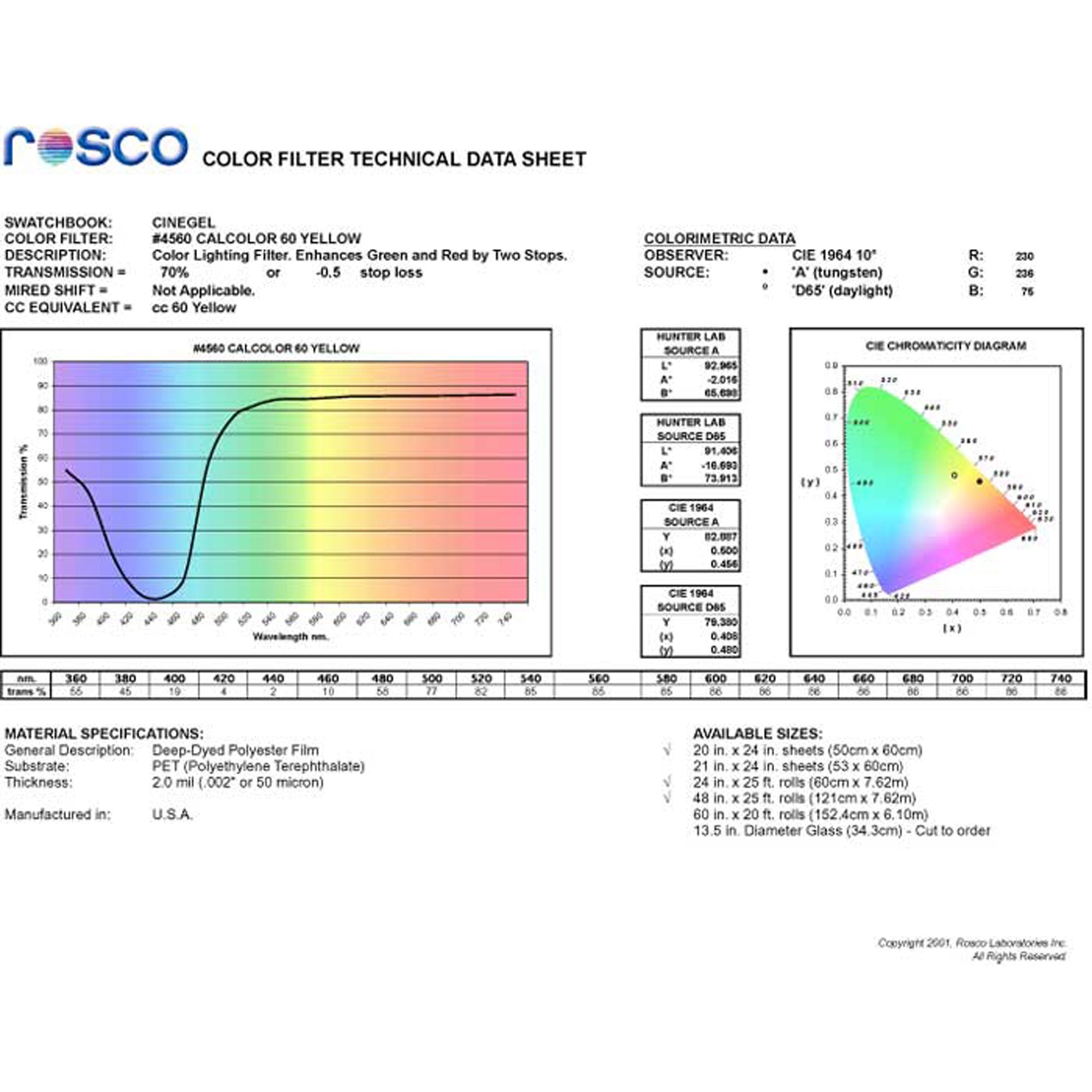 Rosco #4560 CalColor Filter Gel 60 Yellow (20" x 24" Sheet)