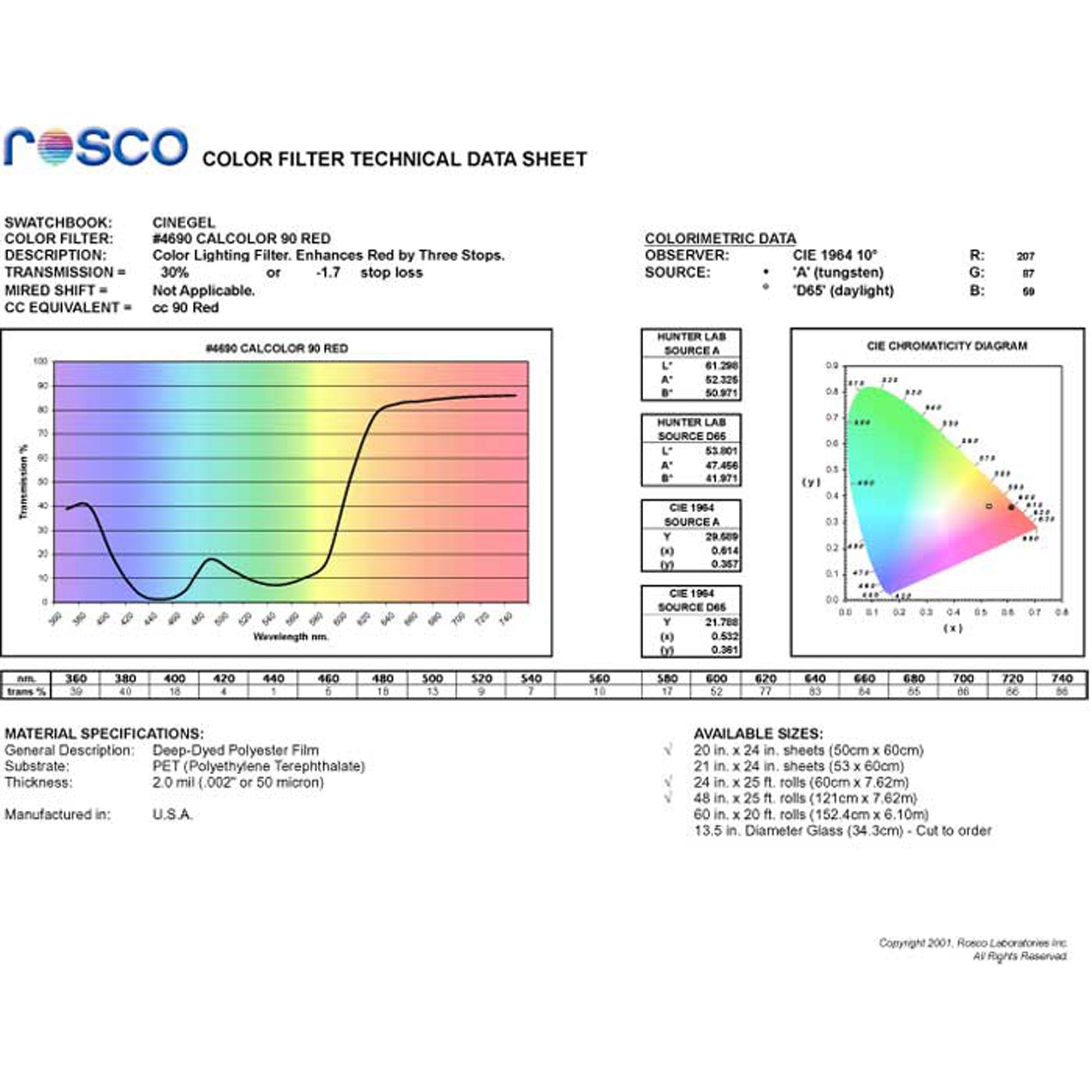 Rosco #4690 CalColor Filter Gel 90 Red (48" x 25' Roll)