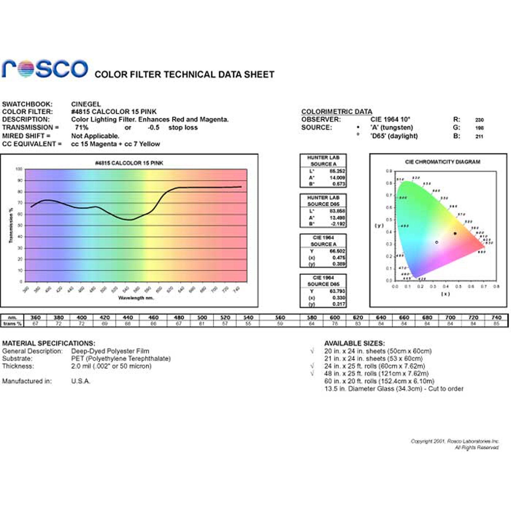 Rosco #4815 CalColor Filter Gel 15 Pink (20" x 24" Sheet)