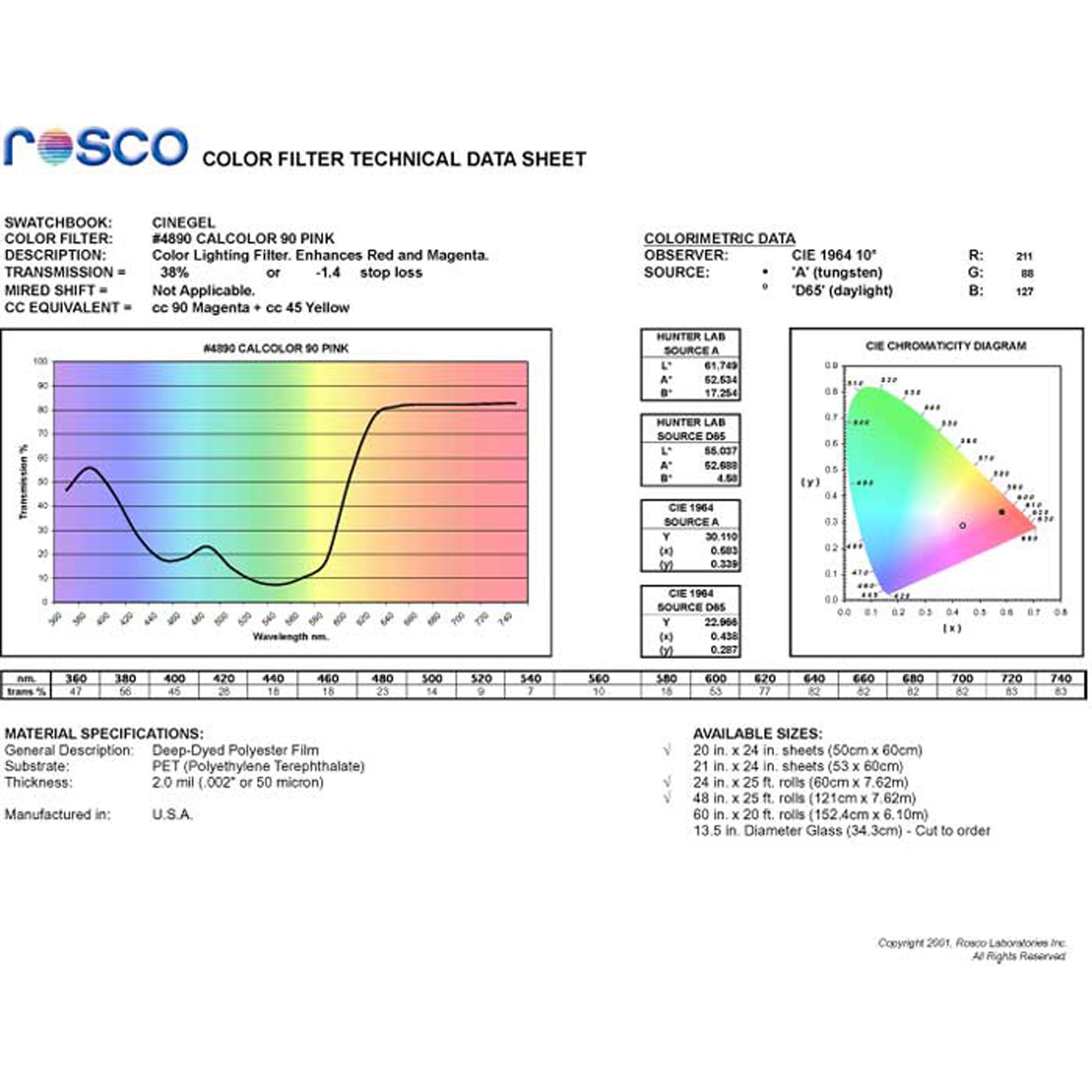Rosco #4890 CalColor Filter Gel 90 Pink (20" x 24" Sheet)