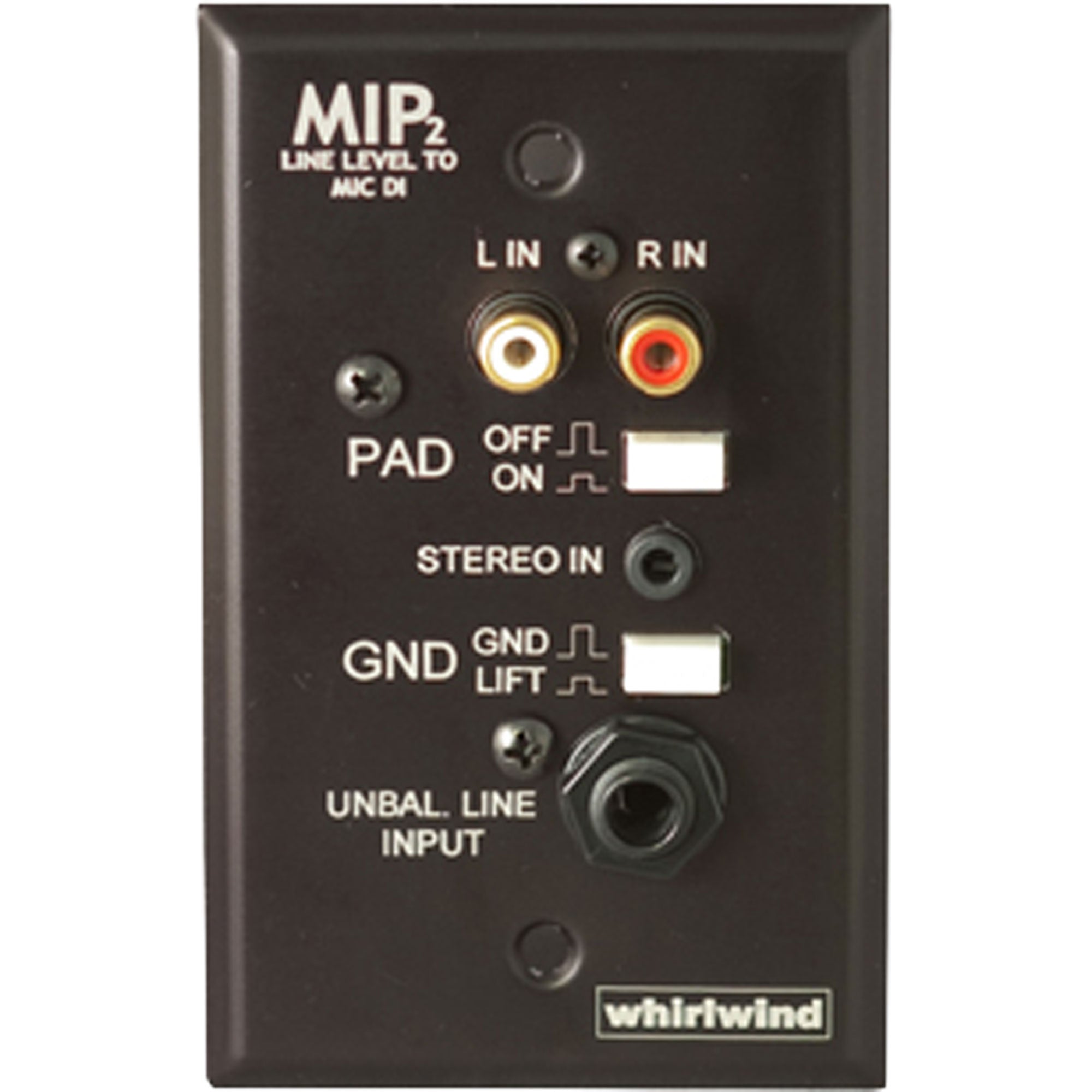 Whirlwind MIP2B 1 Gang Media Input Plate with 3.5mm TRS, Dual RCA, 1/4" Speaker (Black) Image 1
