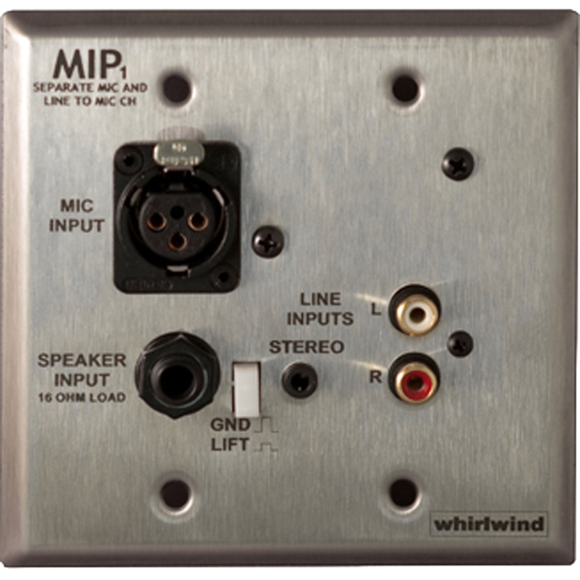 Whirlwind MIP1S 2 Gang Media Input Plate with XLR, 3.5mm TRS, Dual RCA, 1/4" Speaker (Stainless)