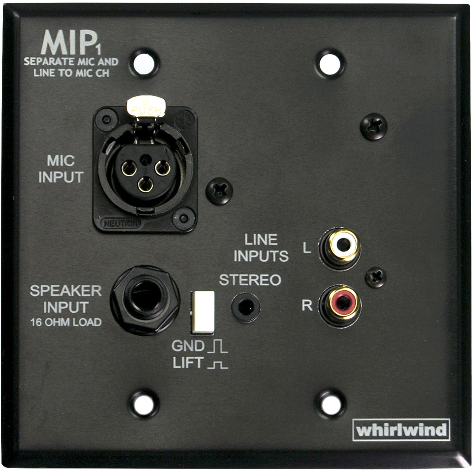 Whirlwind MIP1B 2 Gang Media Input Plate with XLR, 3.5mm TRS, Dual RCA, 1/4" Speaker (Black)