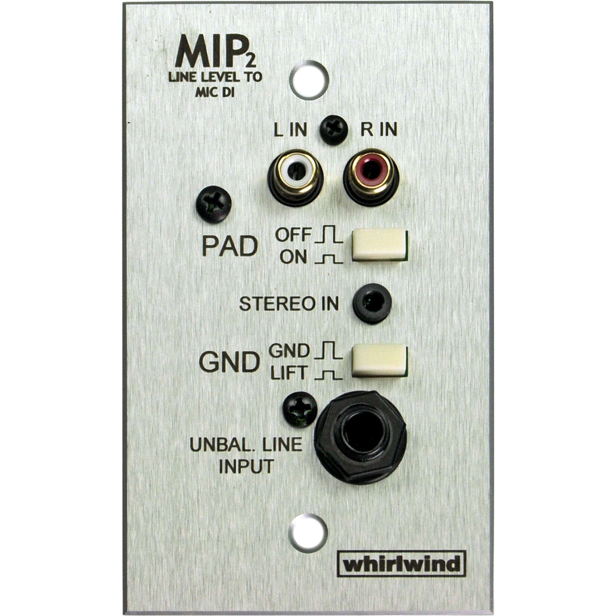 Whirlwind MIP2S 1 Gang Media Input Plate with 3.5mm TRS, Dual RCA, 1/4" Speaker (Stainless) Image 1