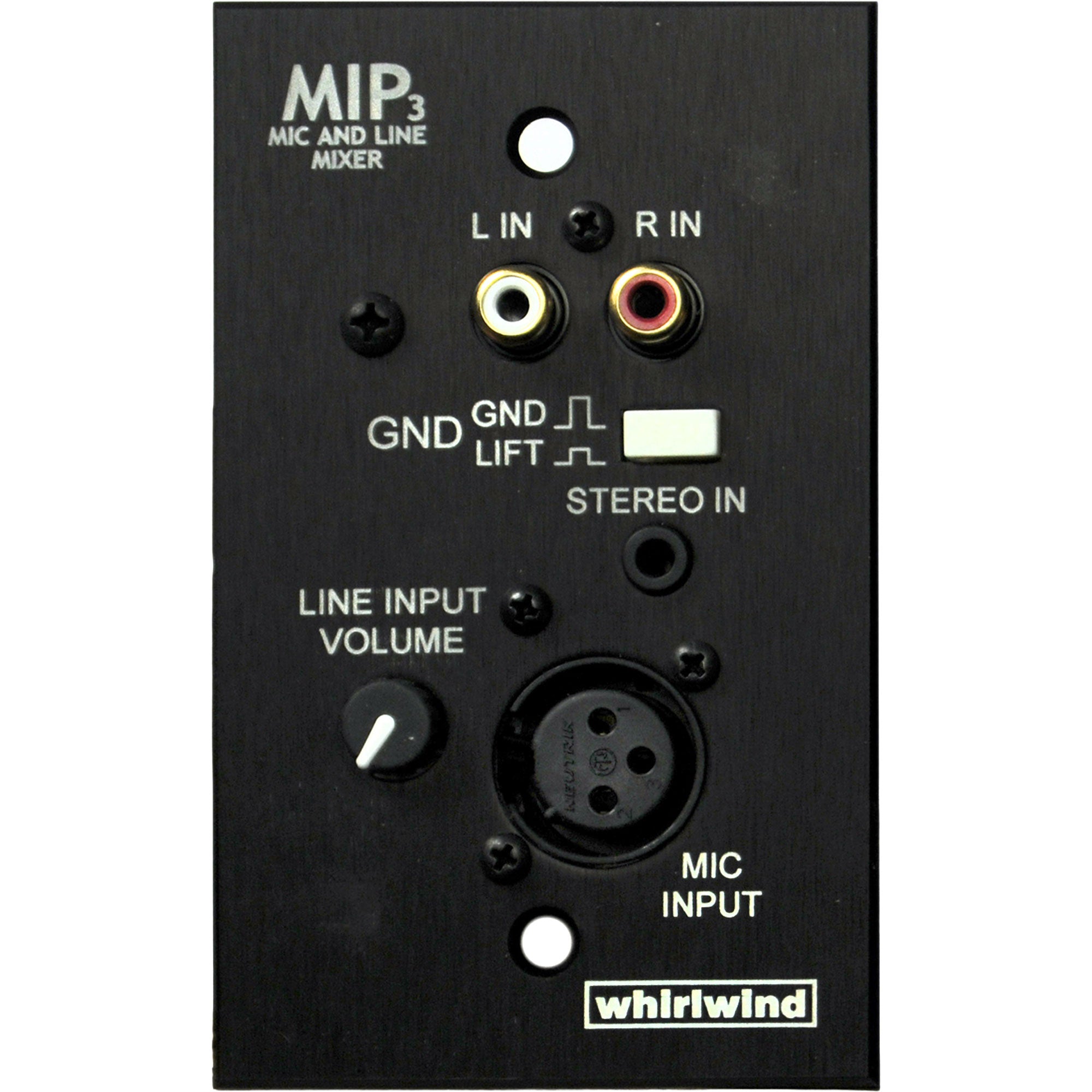 Whirlwind MIP3B 1 Gang Media Input Plate with XLR, 3.5mm TRS, Dual RCA, Level Control (Black)