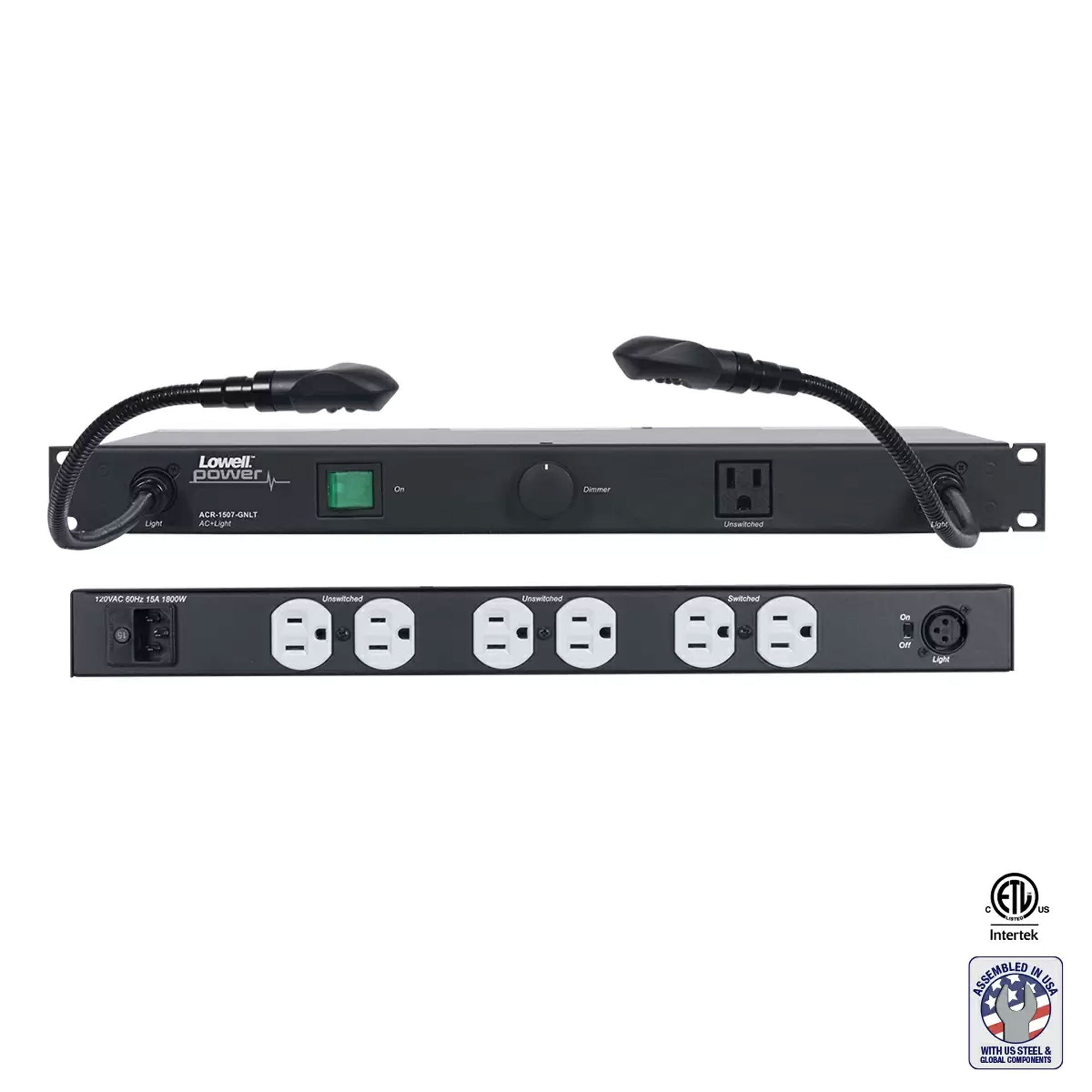 Lowell ACR-1507-GNLT 15A Rackmount Power Panel with 7 Outlets and Dual Gooseneck Lights