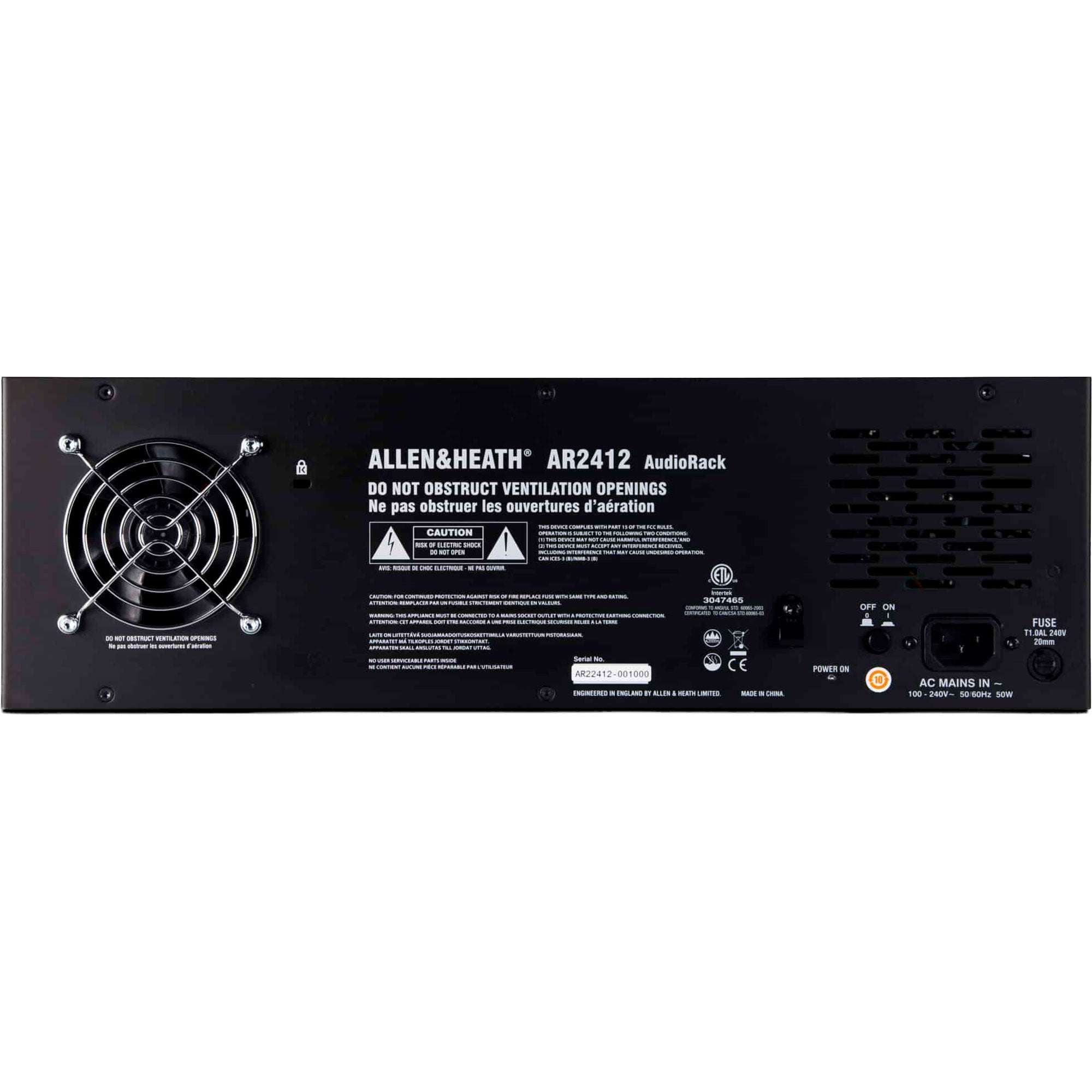 Back view of an Allen & Heath AR2412 audio rack on a white background