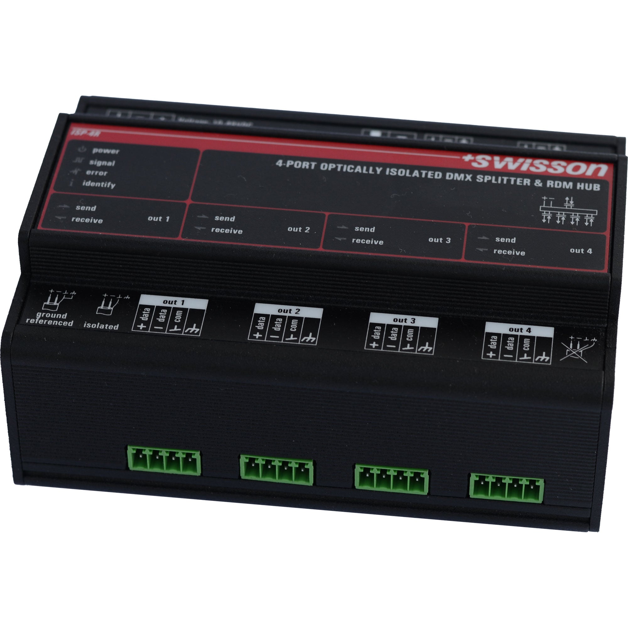 Swisson ISP-4R-DC-RJ45B DIN Rail Mountable, DMX & RDM Splitter, 4 Outputs, RJ45, Alternative Pinout