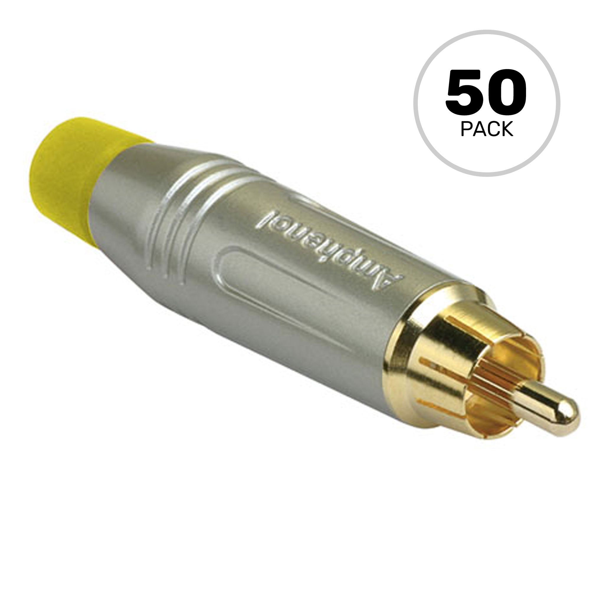 Amphenol ACPR-SYL Gold Plated Male RCA Phono Cable Mount Connector (Nickel/Yellow, 50 Pack)