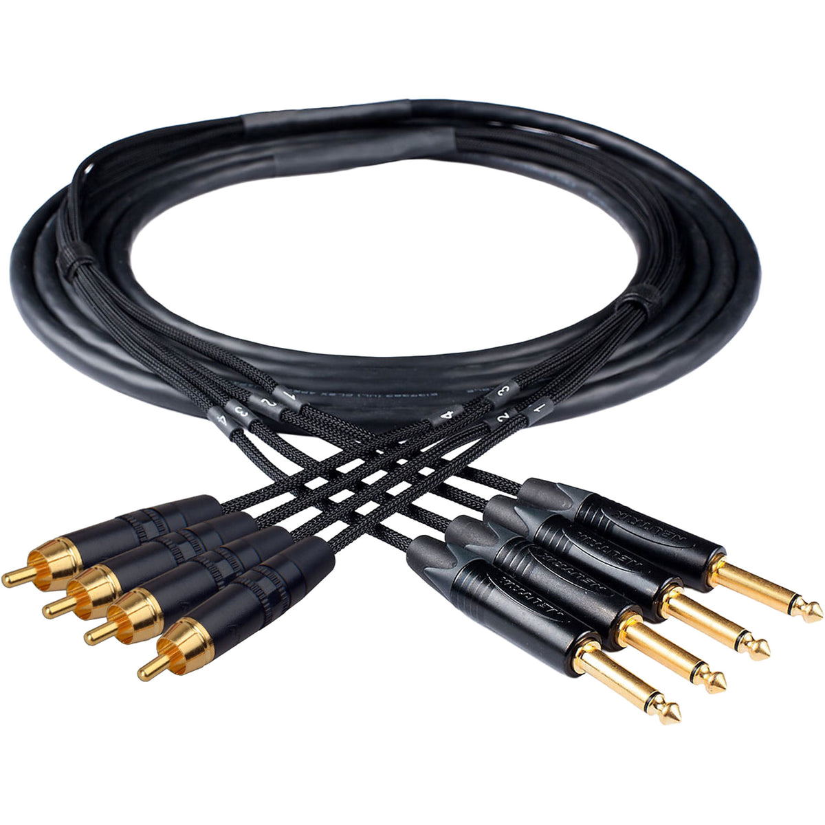 Custom Cables 4-Channel Audio Snake Made from Mogami W2931 & Pro Connectors (RCA to 1/4" TS)