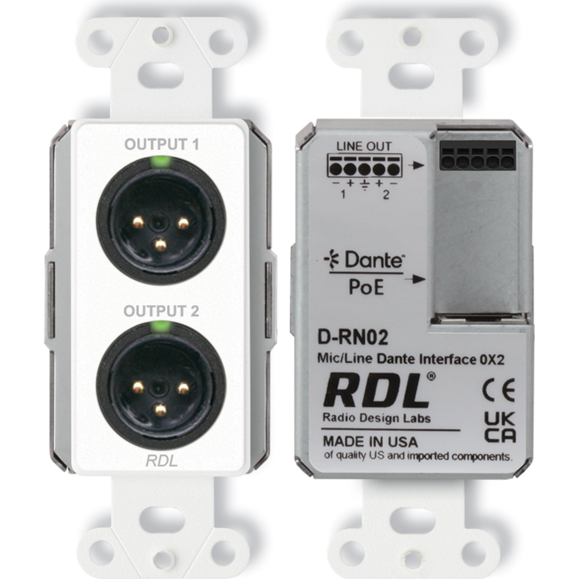 RDL D-RN02 Wall-Mounted Mic/Line Dante Interface 0x2 (White)