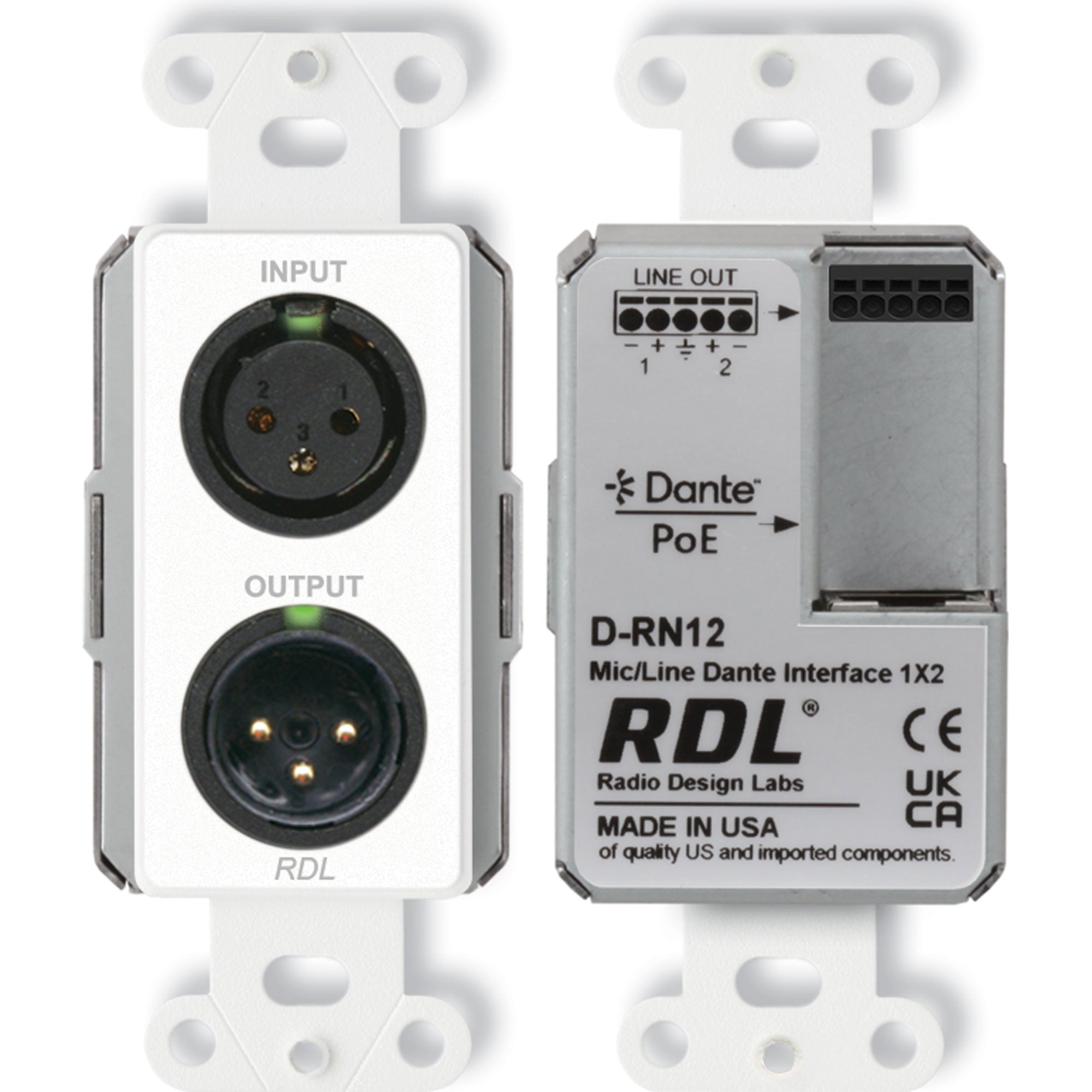 RDL D-RN12 Wall-Mounted Bi-Directional Mic/Line Dante Interface 1x2 (White)