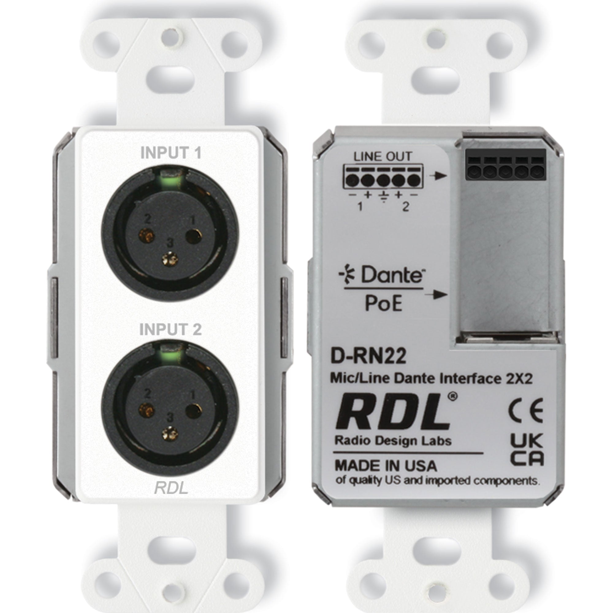 RDL D-RN22 Wall-Mounted Bi-Directional Mic/Line Dante Interface 2x2 (White)