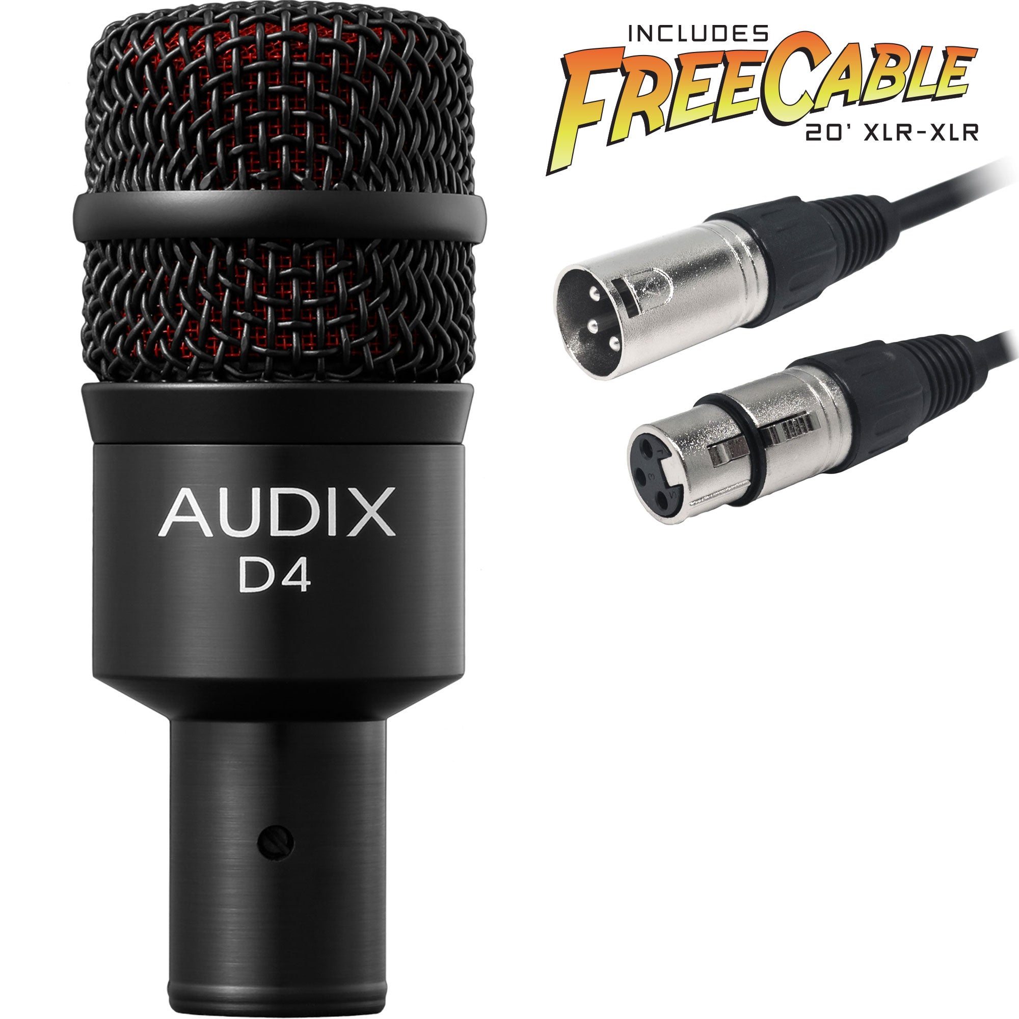 Audix D4 Hypercardioid Dynamic Drum and Instrument Microphone with FREE 20' XLR Cable