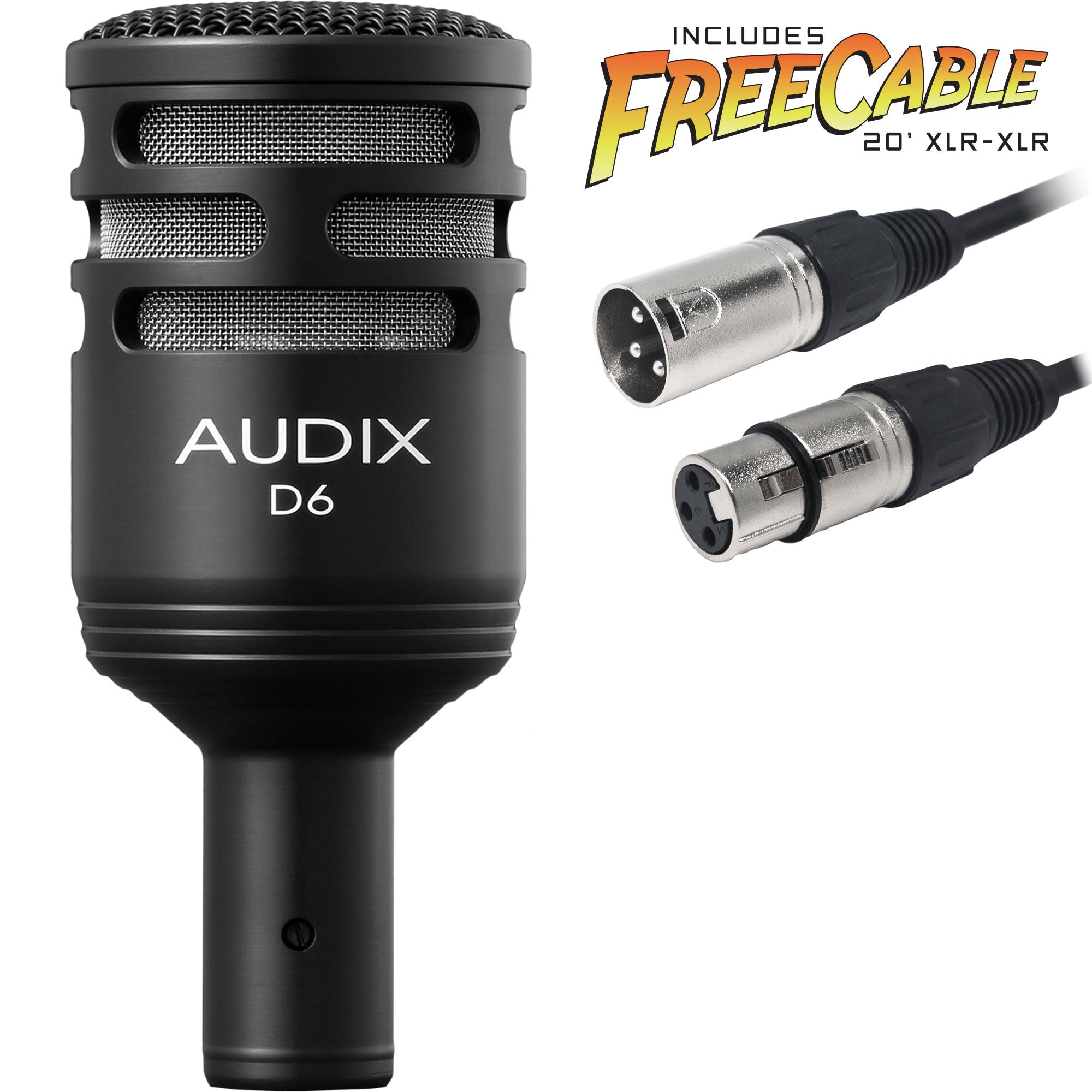 Audix D6 Cardioid Dynamic Kick Drum Microphone with FREE 20' XLR Cable