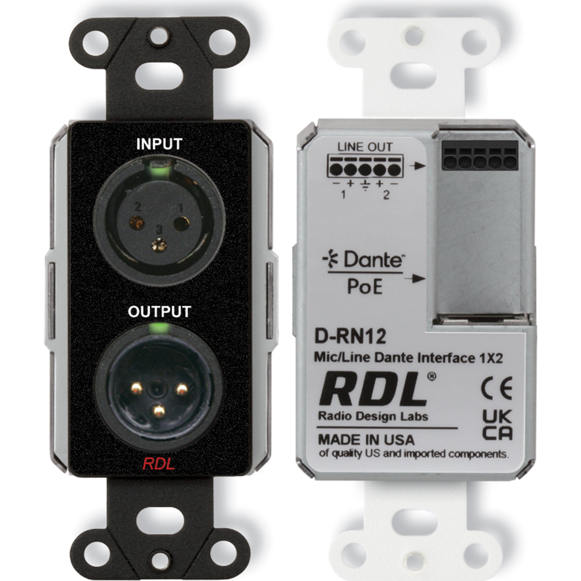 RDL DB-RN12 Wall-Mounted Bi-Directional Mic/Line Dante Interface 1x2 (Black)