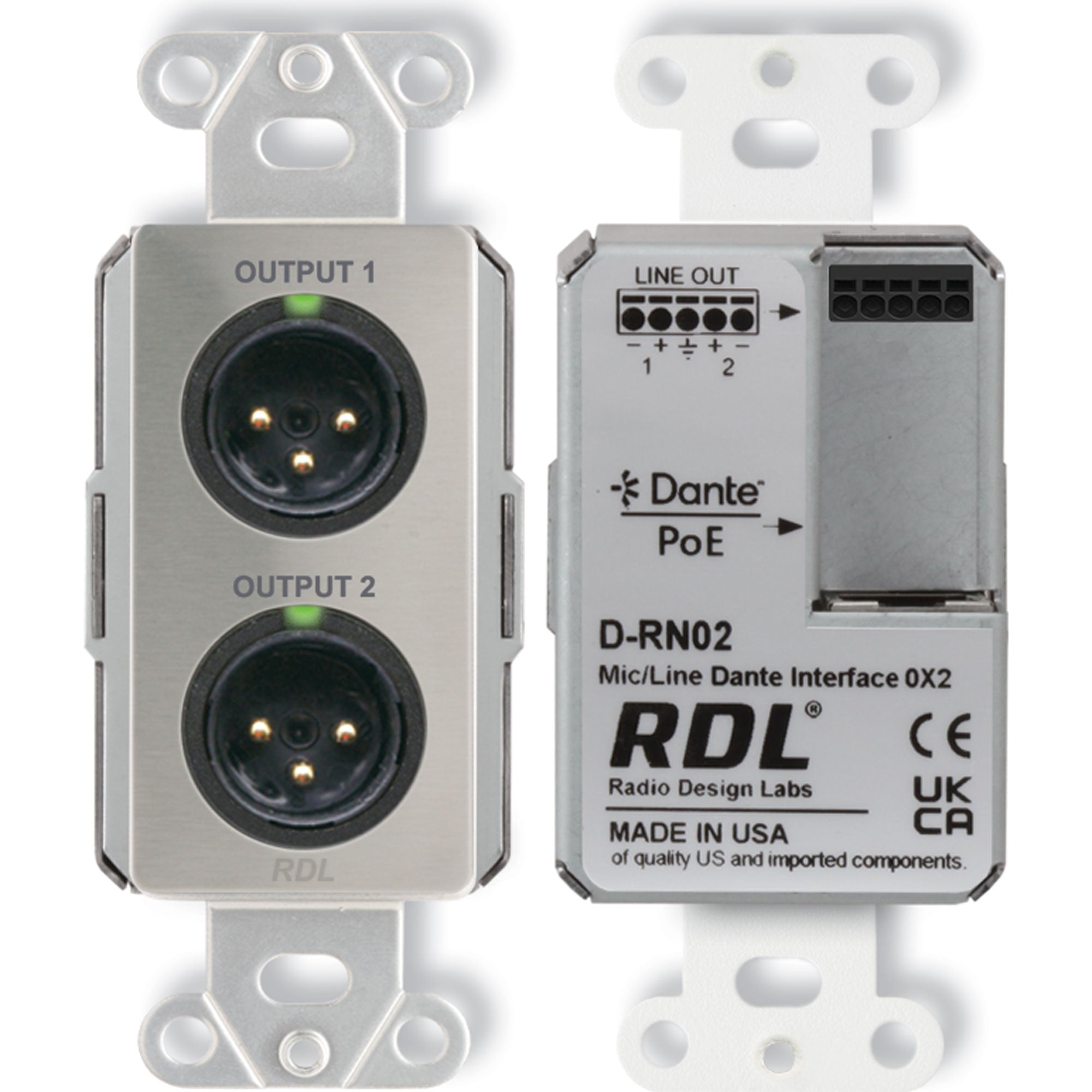 RDL DS-RN02 Wall-Mounted Mic/Line Dante Interface 0x2 (Stainless Steel)