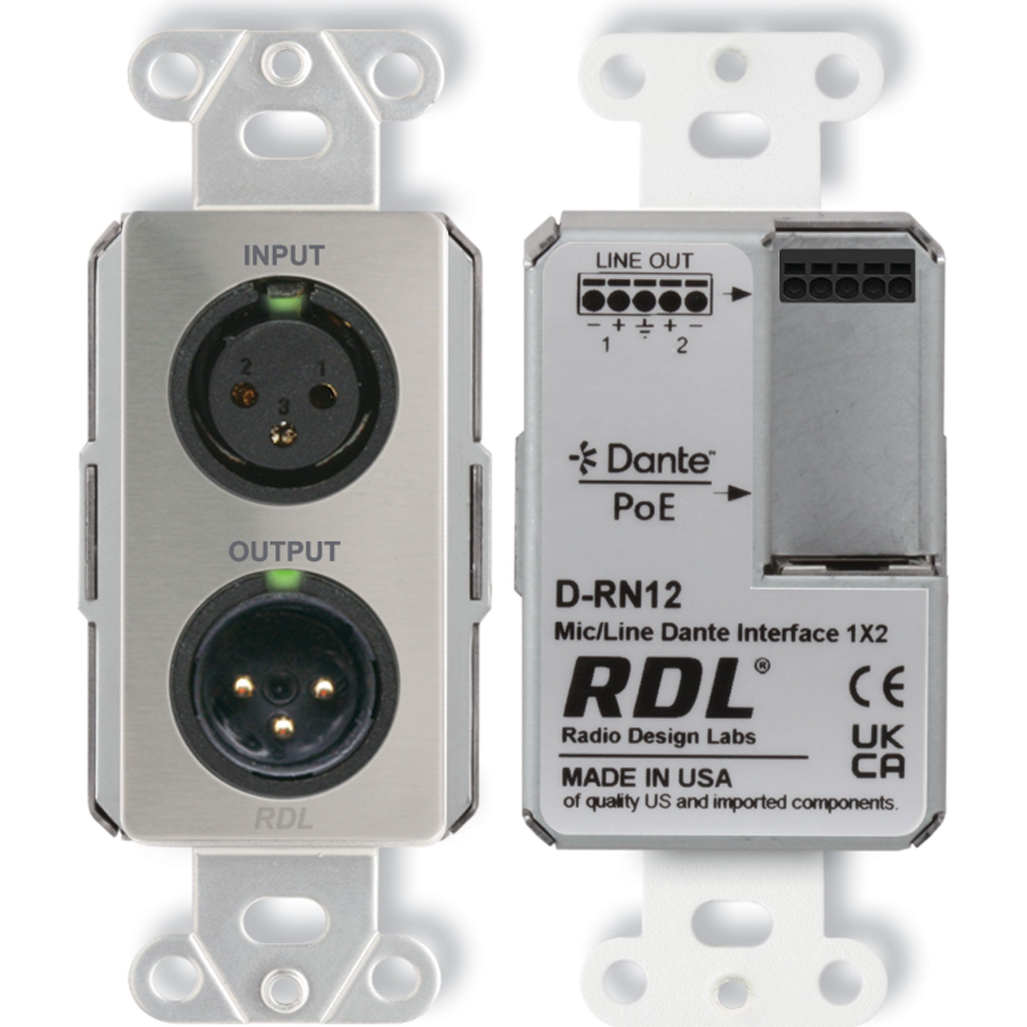 RDL DS-RN12 Wall-Mounted Bi-Directional Mic/Line Dante Interface 1x2 (Stainless Steel)