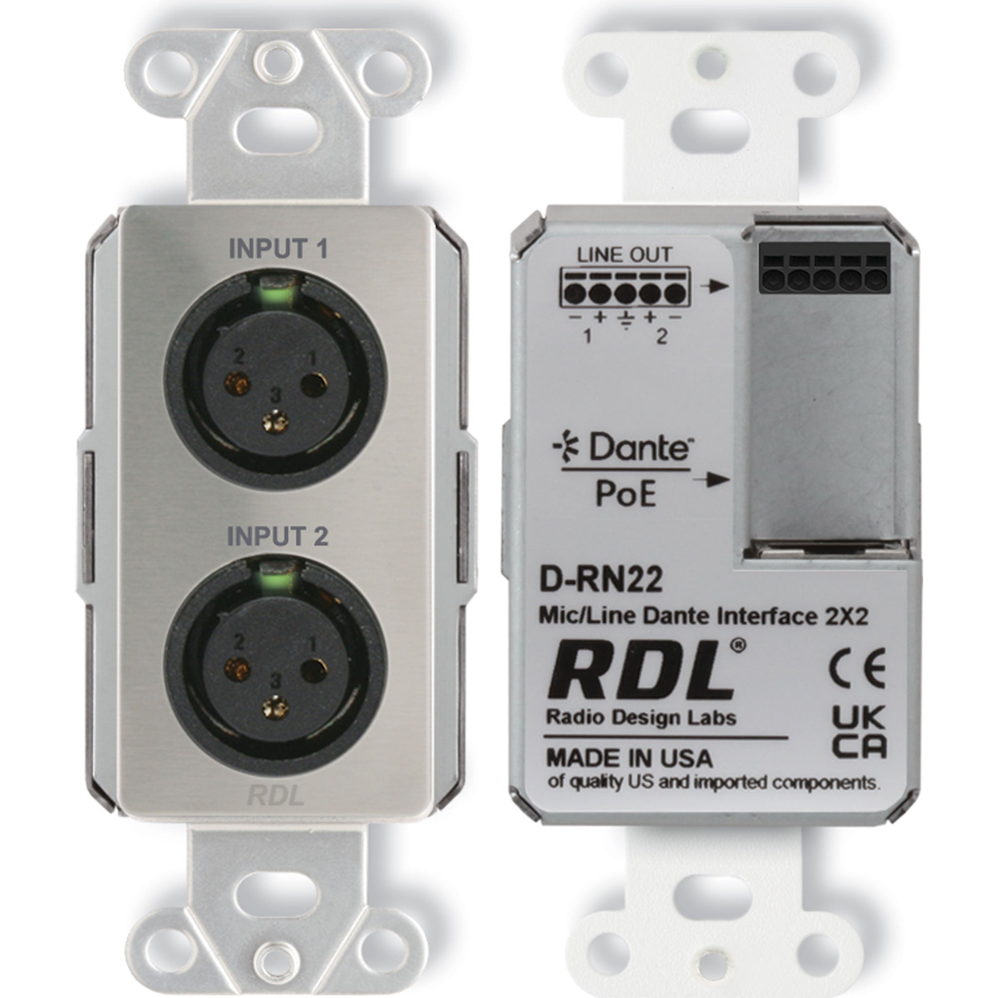 RDL DS-RN22 Wall-Mounted Bi-Directional Mic/Line Dante Interface 2x2 (Stainless Steel)