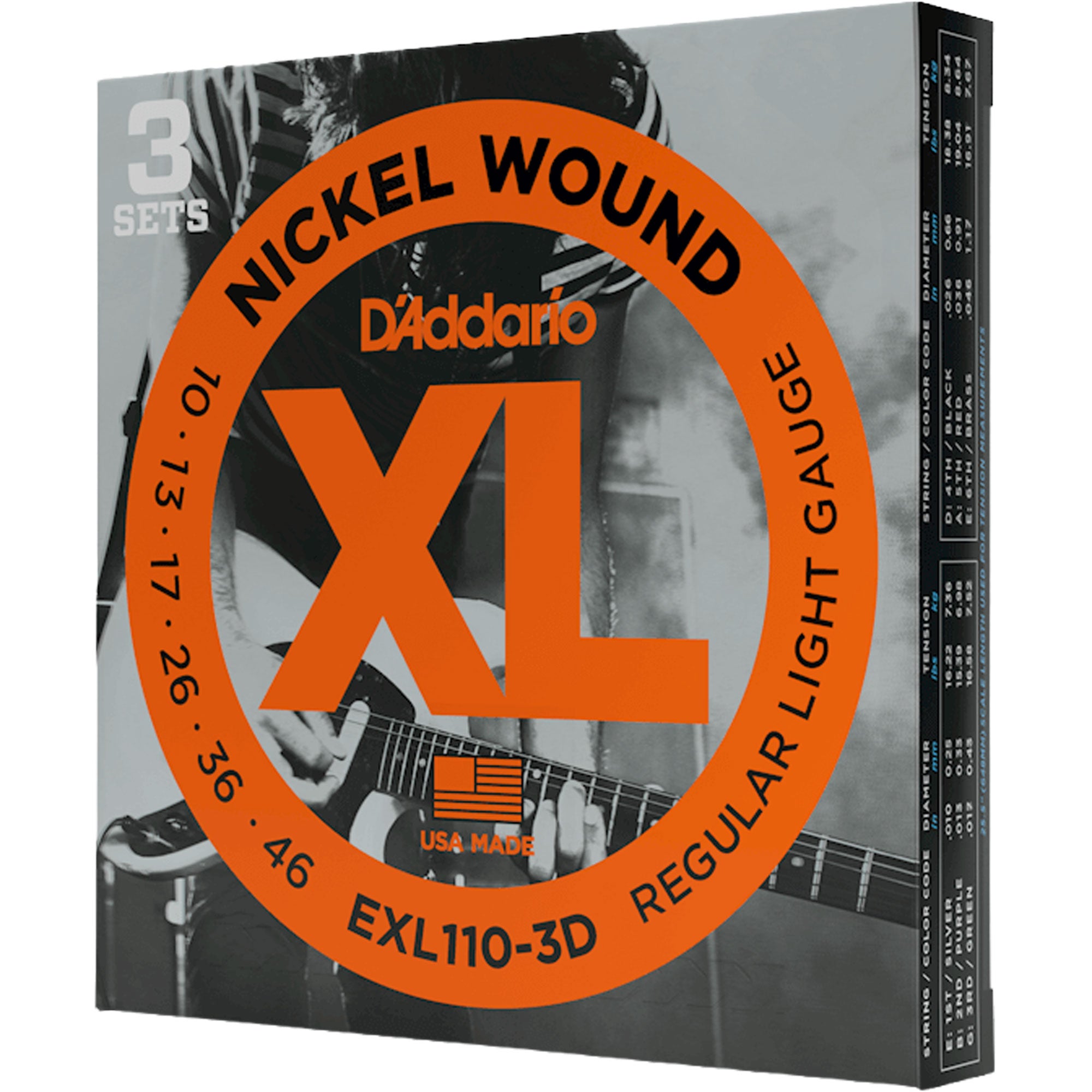D'Addario EXL110-3D Regular Light, XL Nickel Wound Electric Guitar Strings (10-46, 3 Pack)