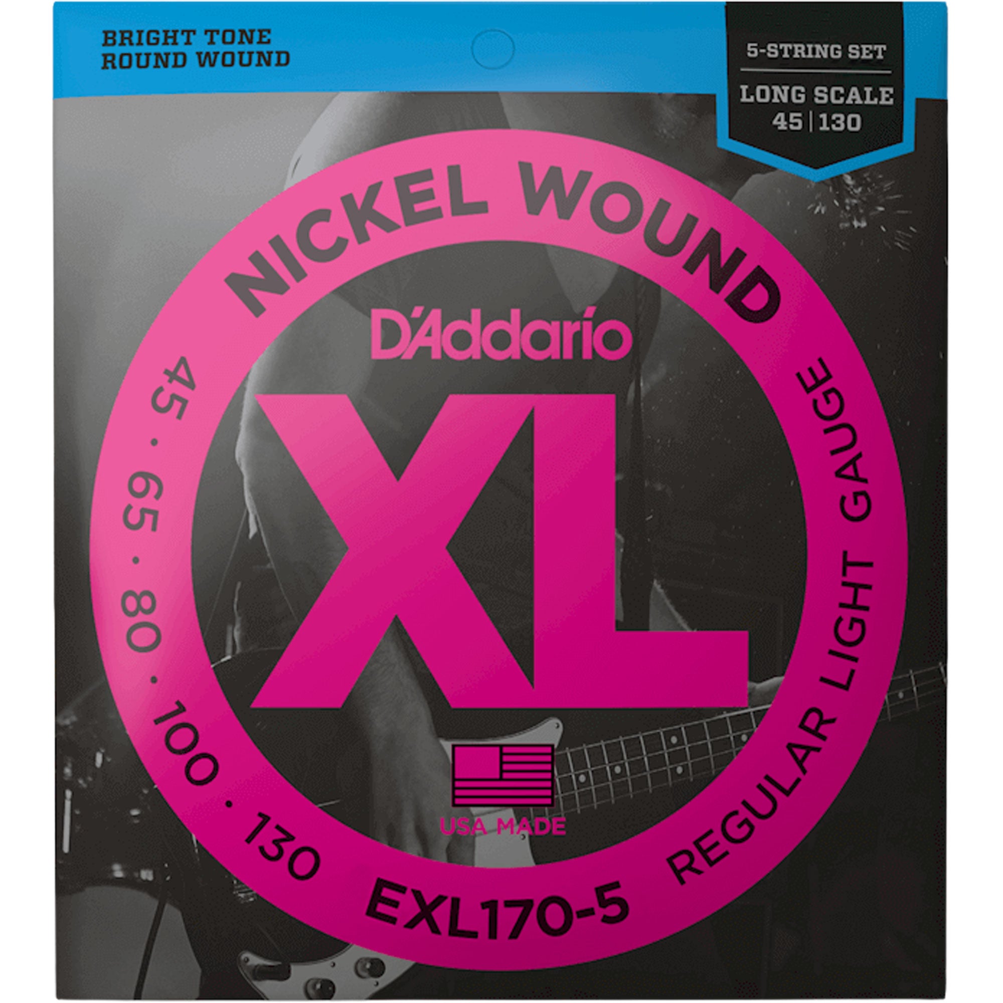 D'Addario EXL170-5 Regular Light 5-String, Long Scale, XL Nickel Bass Strings (45-130)