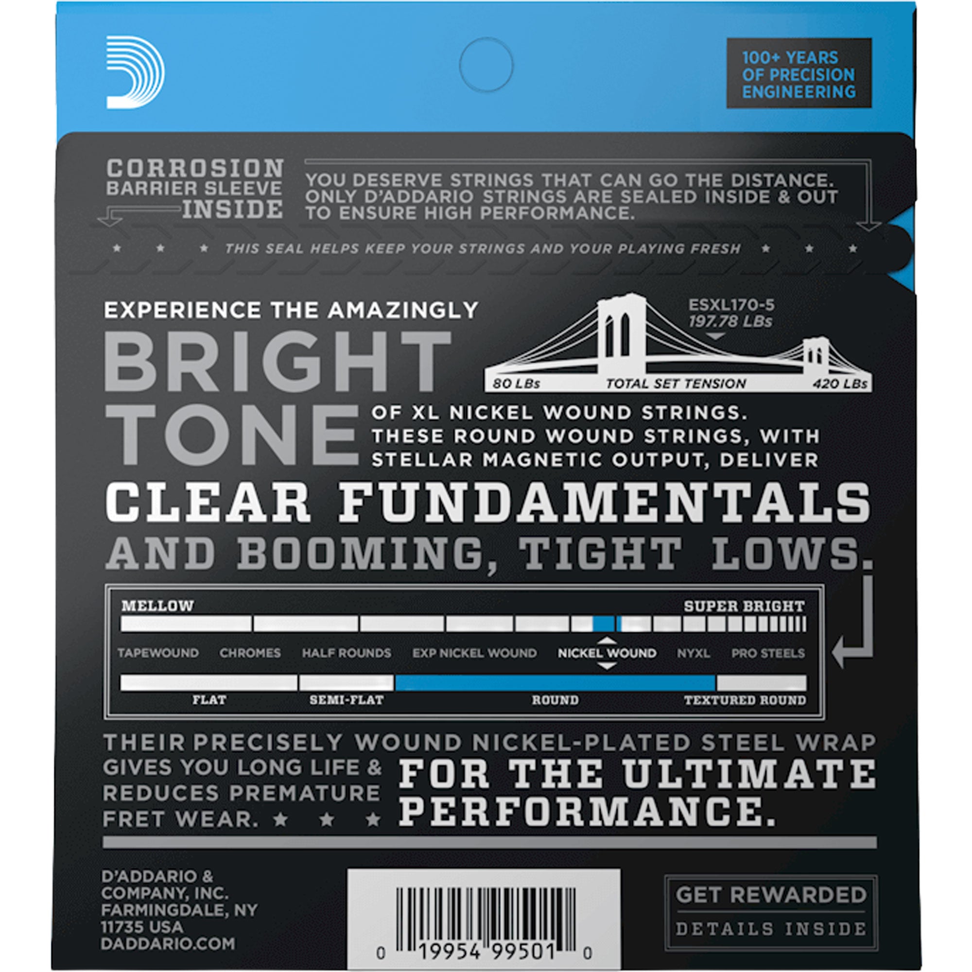 D'Addario EXL170-5 Regular Light 5-String, Long Scale, XL Nickel Bass Strings (45-130)