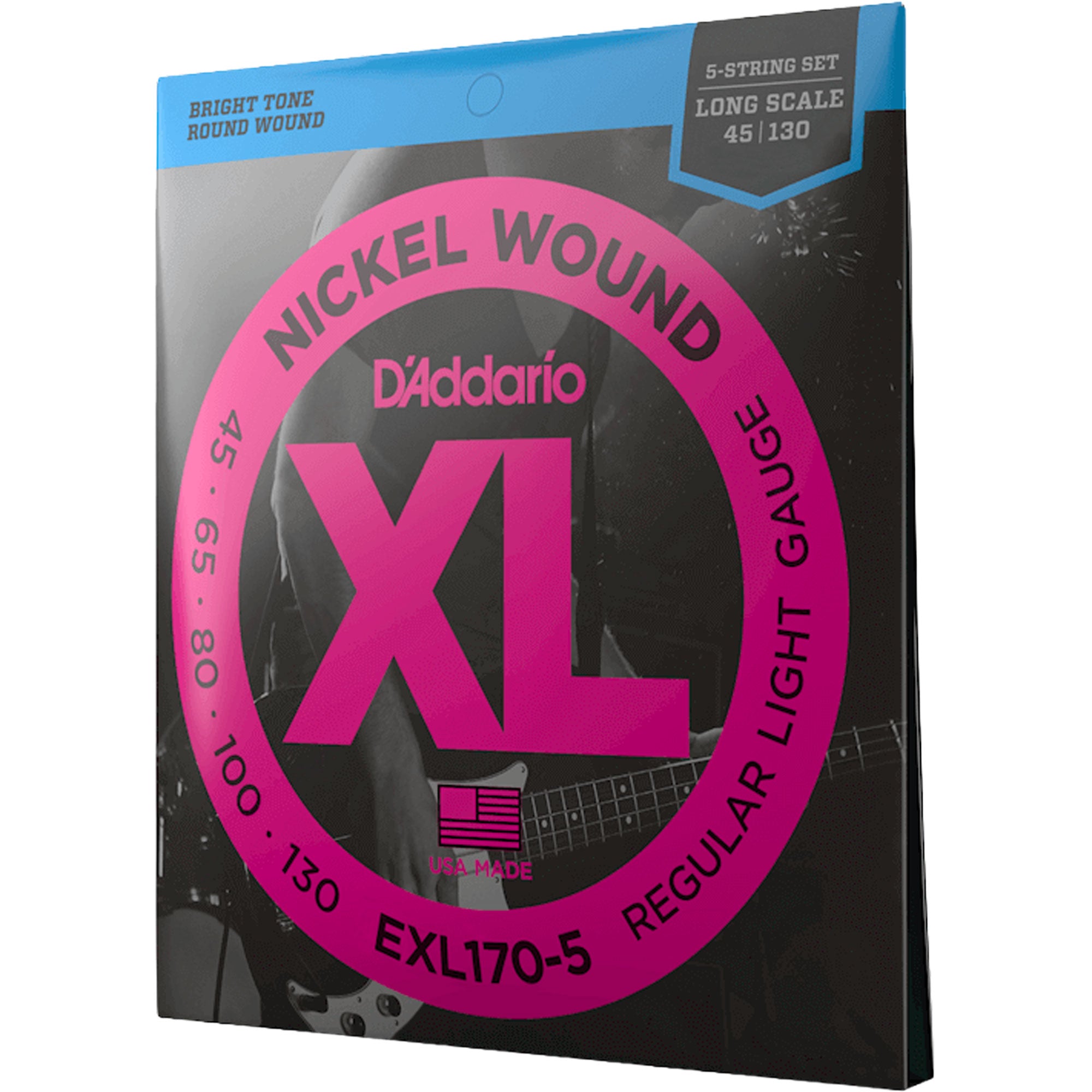 D'Addario EXL170-5 Regular Light 5-String, Long Scale, XL Nickel Bass Strings (45-130)