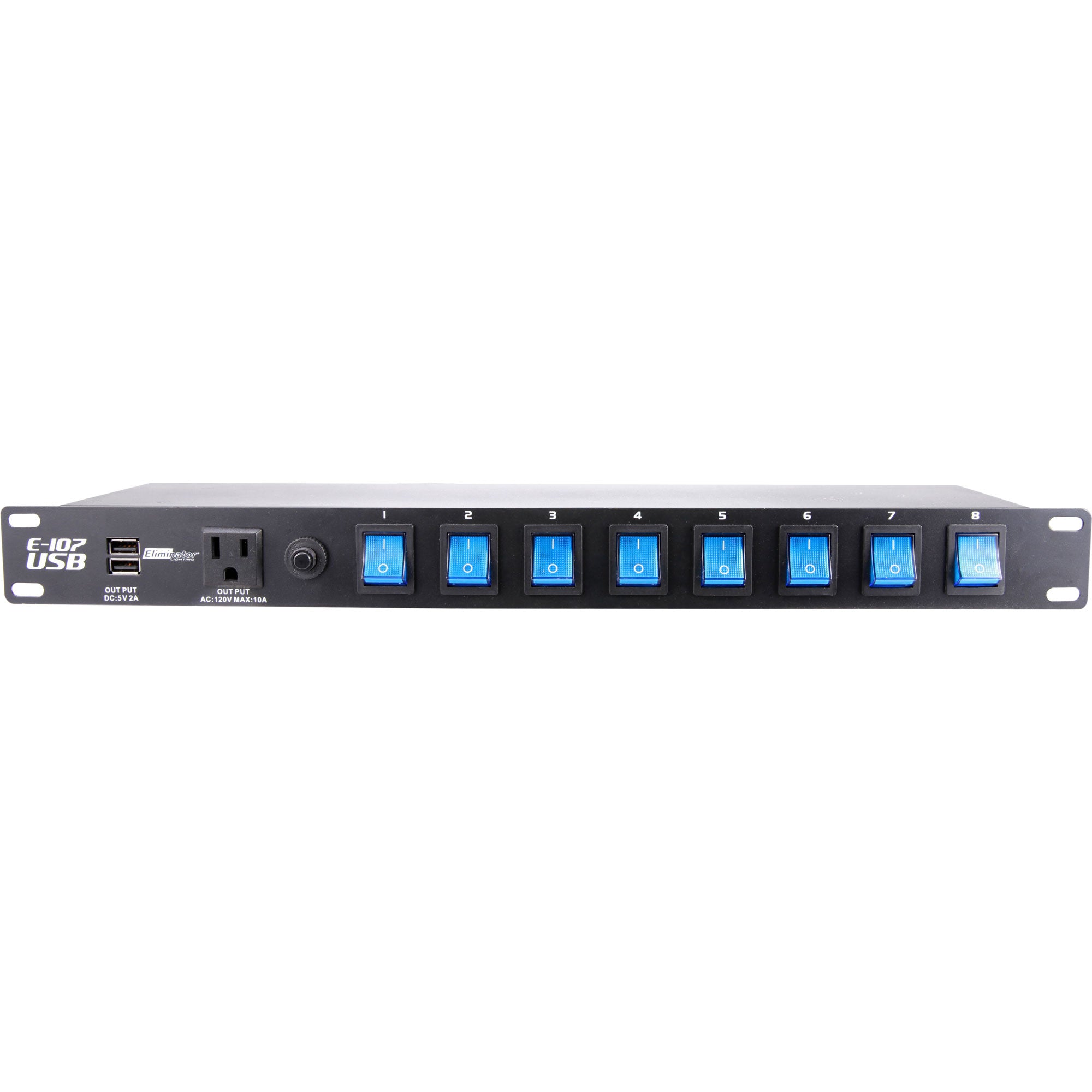 Eliminator Lighting E-107USB Rack Mount On/Off Power Center with 8 Switches and 2 USB Ports