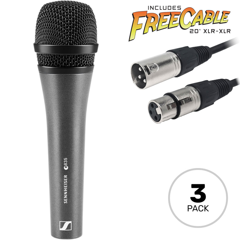 Sennheiser e 835 Handheld Cardioid Dynamic Vocal Microphone (3 Pack with 3 FREE 20' XLR Cables)