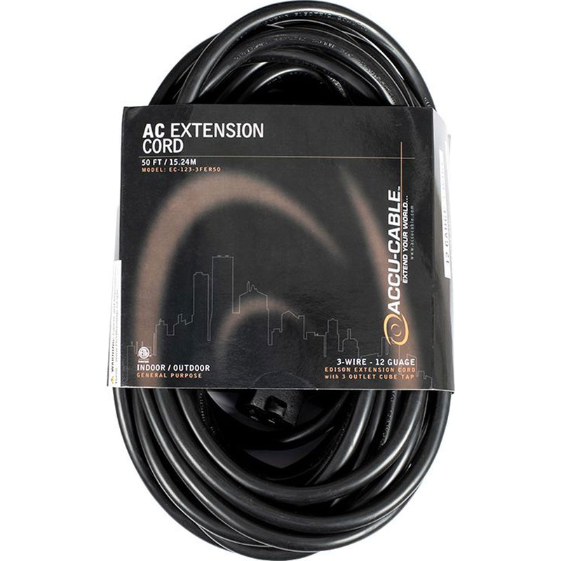 American DJ Accu-Cable EC123-3FER50 12AWG Edison AC Power Extension Cord with 3 Plugs (50', Black)
