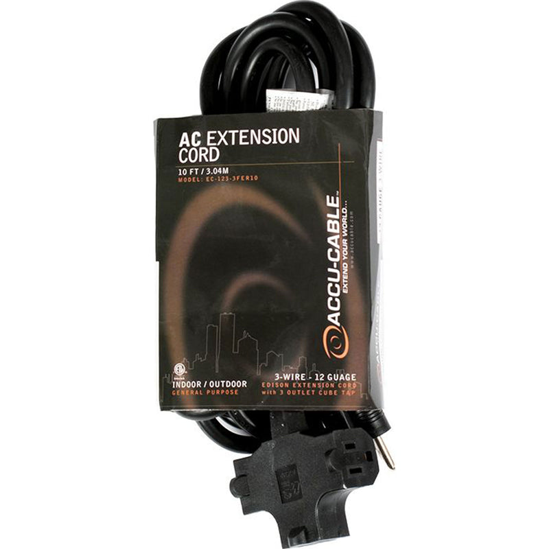 American DJ Accu-Cable EC123-3FER10 12AWG Edison AC Power Extension Cord with 3 Plugs (10', Black)