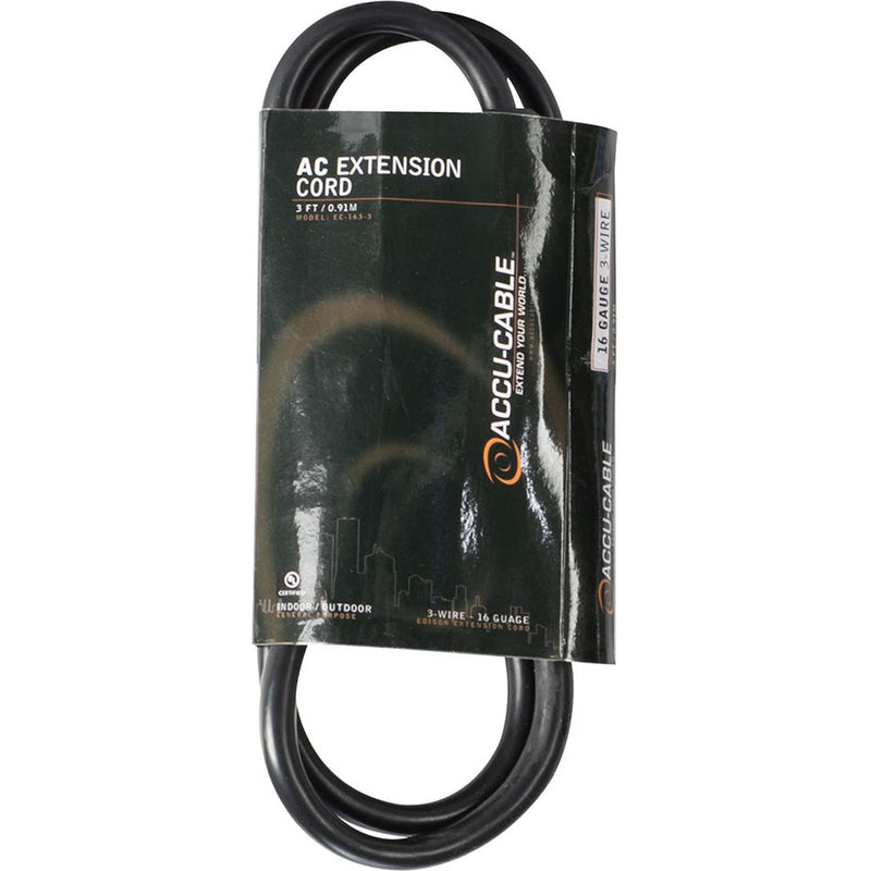 American DJ Accu-Cable EC163-3 16AWG Edison AC Power Extension Cord (3', Black)