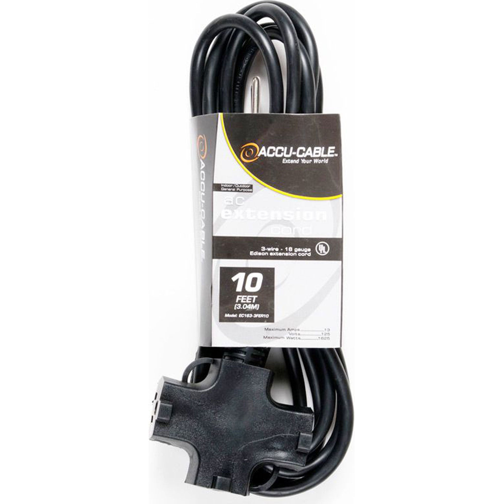 American DJ Accu-Cable EC163-3FER10 16AWG Edison AC Power Extension Cord with 3 Plugs (10', Black)