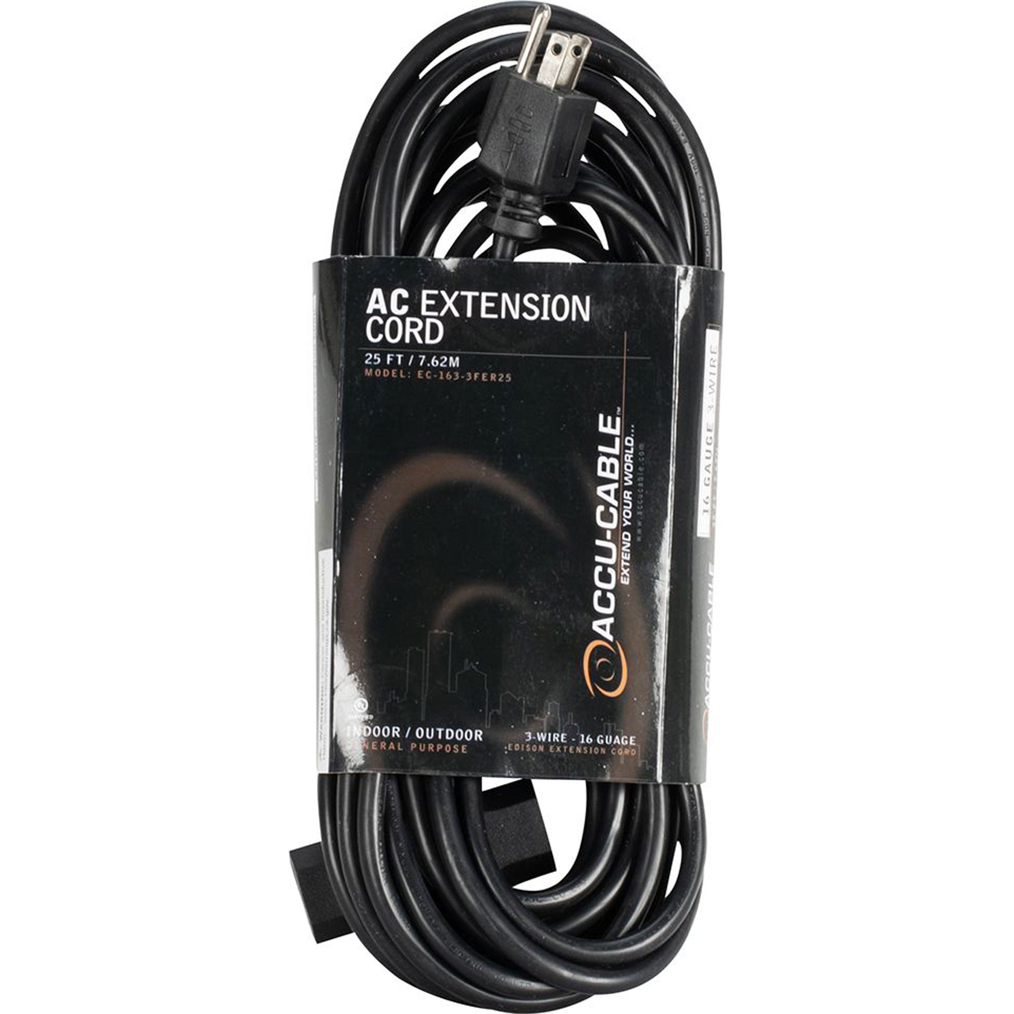 American DJ Accu-Cable EC163-3FER25 16AWG Edison AC Power Extension Cord with 3 Plugs (25', Black)