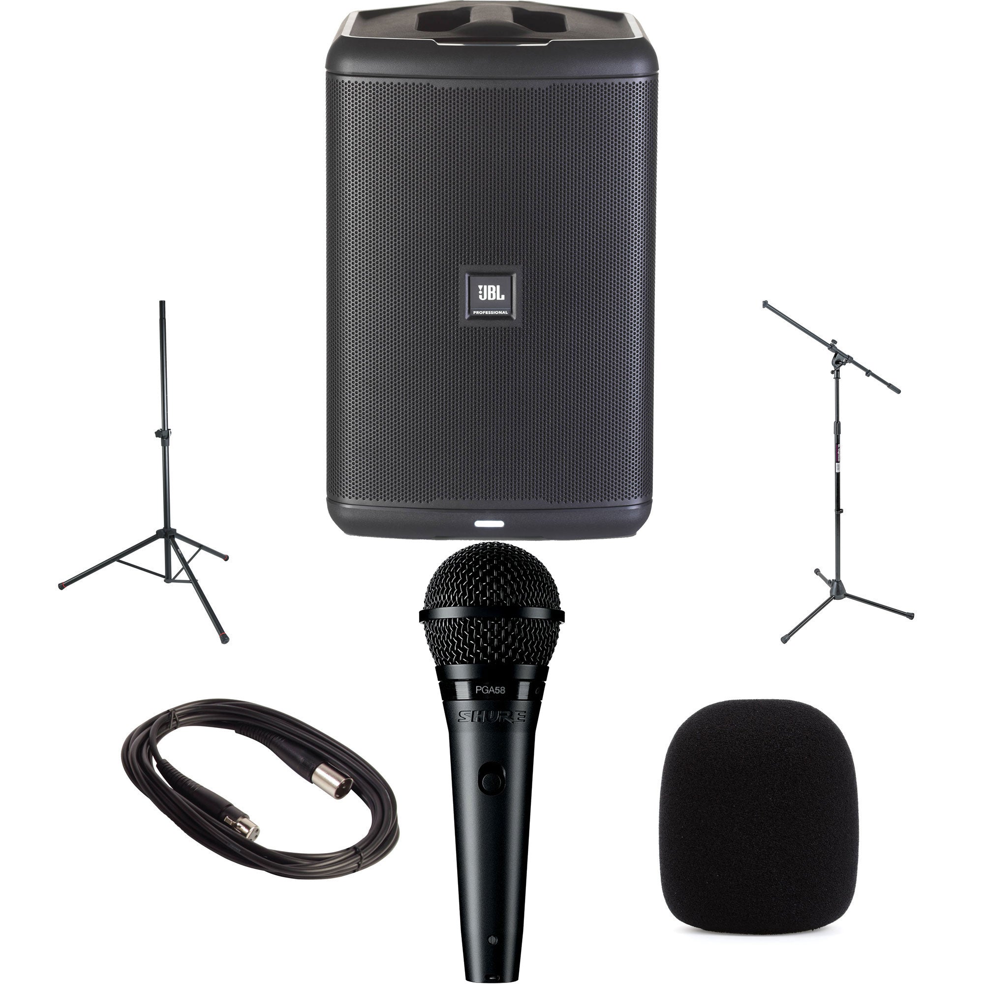 JBL EON ONE Compact PA Bundle with Speaker Stand, Microphone, Mic Stand, and Accessories