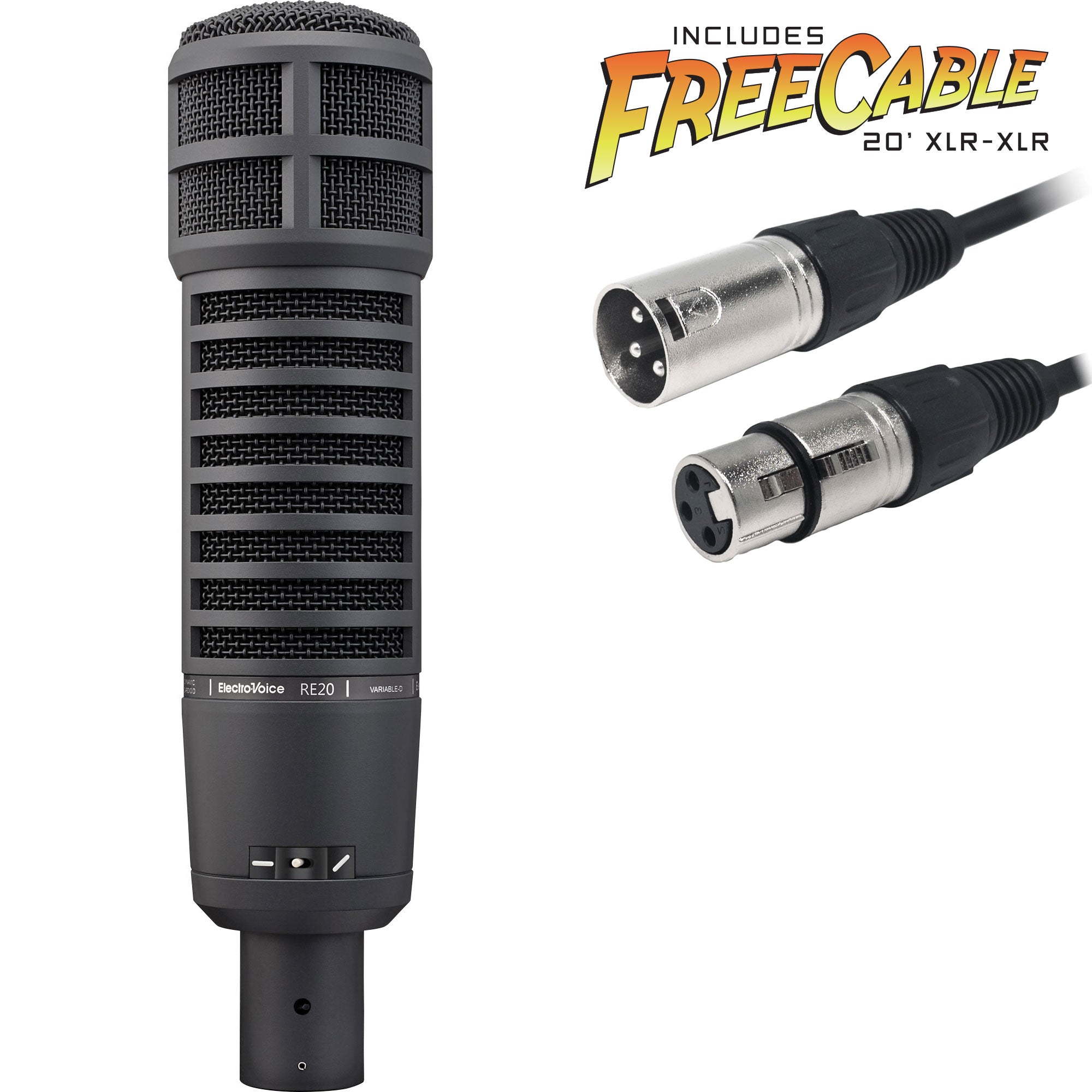 Electro-Voice RE20 Broadcast Announcer Microphone with FREE 20' XLR Cable (Black)