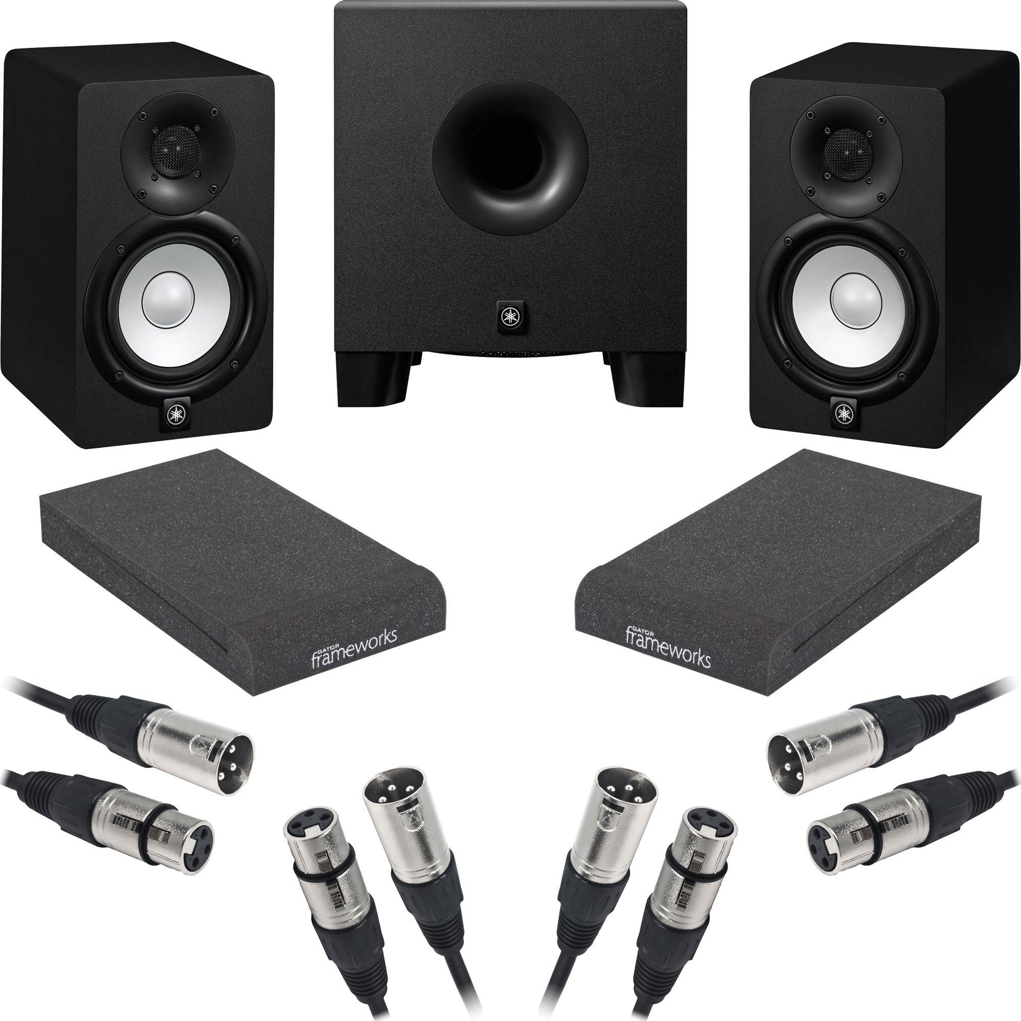 Yamaha HS5 Powered Studio Monitors and HS8S Subwoofer with Isolation Pads and Cables Kit (Black)