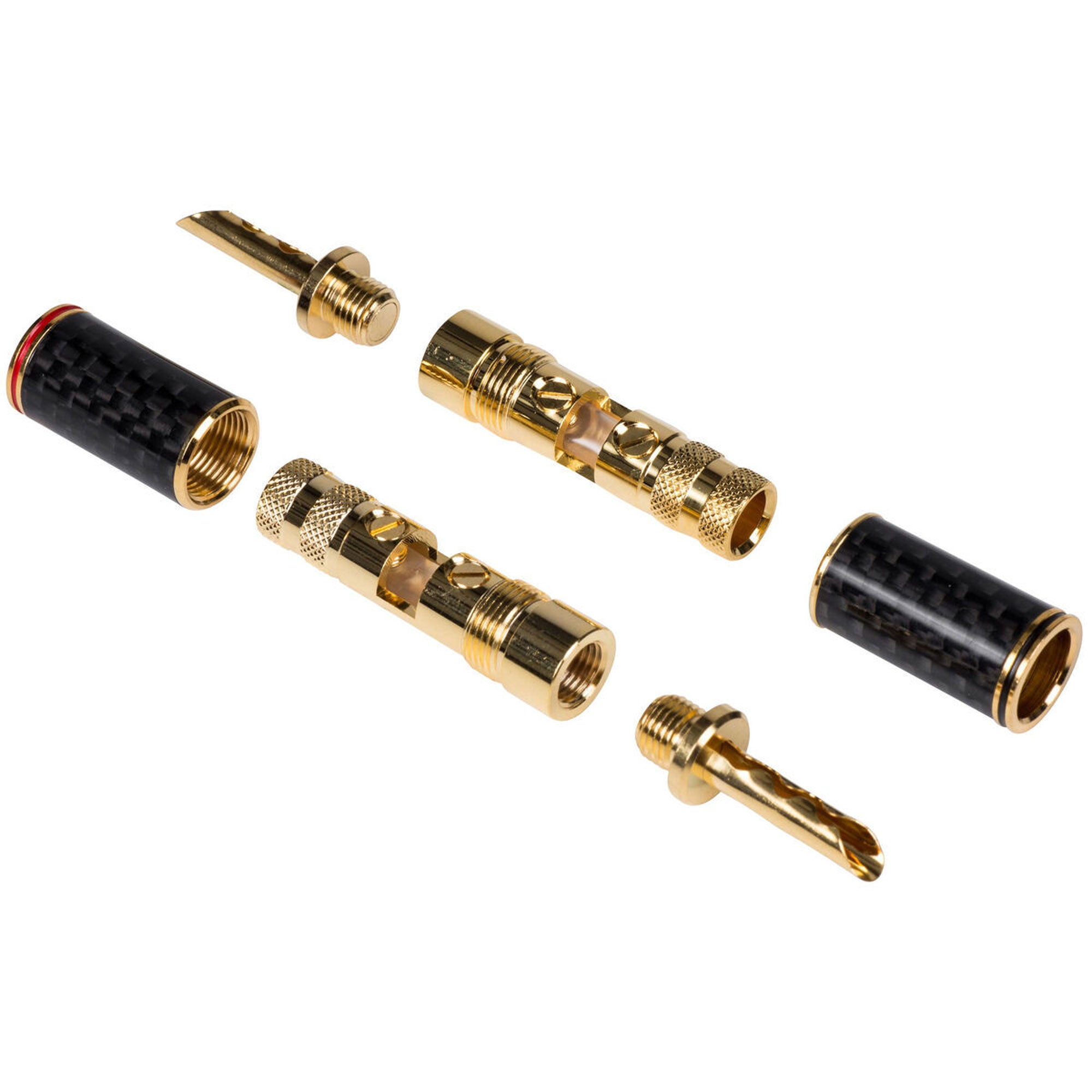 Performance Audio BFA Style Banana Plugs with Carbon Fiber Shell (1 Red & 1 Black)