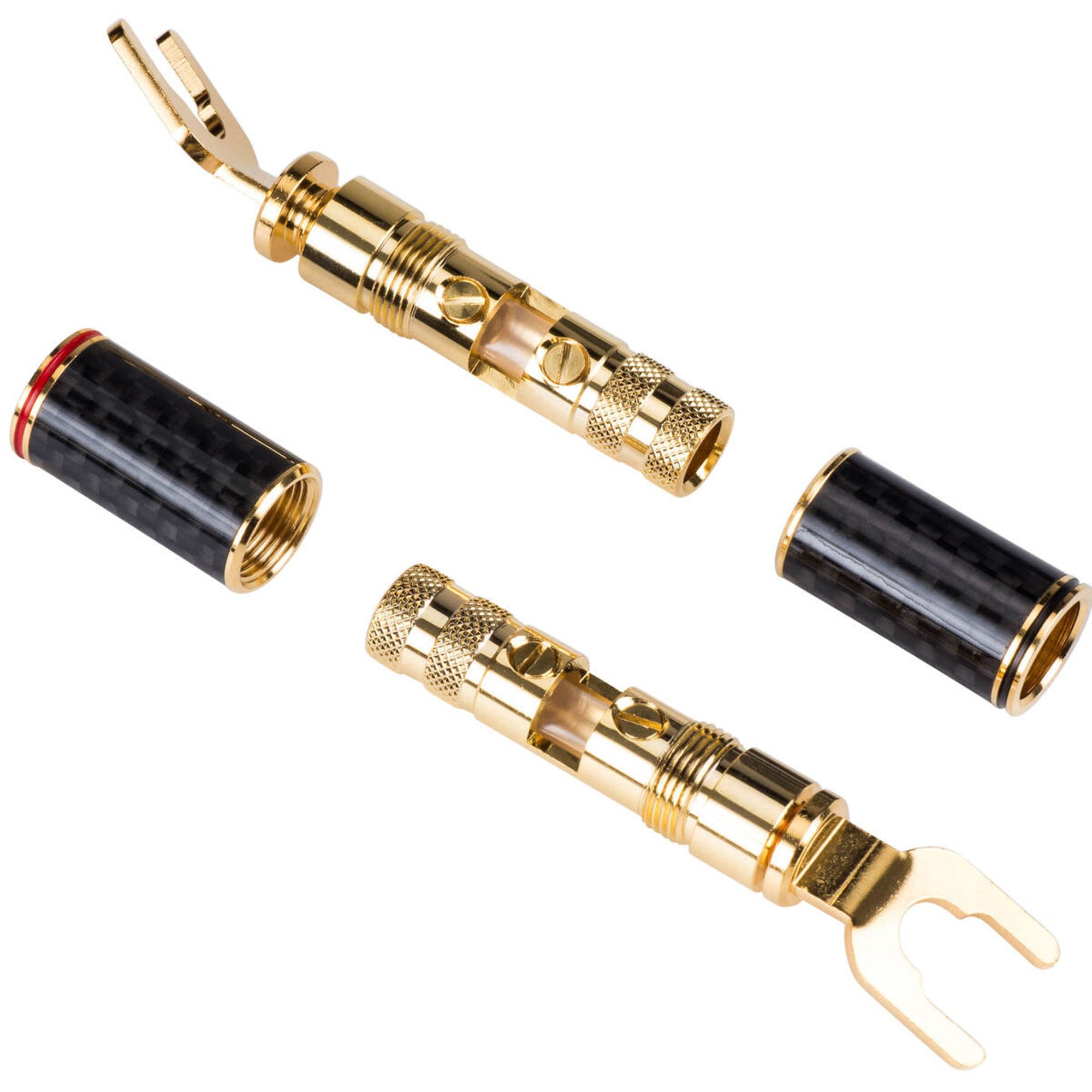 Performance Audio Spade Lug Terminals with Carbon Fiber Shell Bi-Wire Kit (2 Red & 2 Black)
