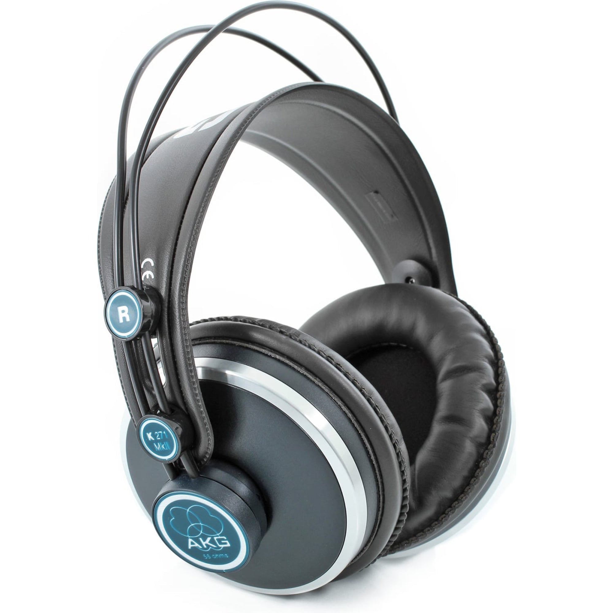 Pair of black AKG headphones on a white background
