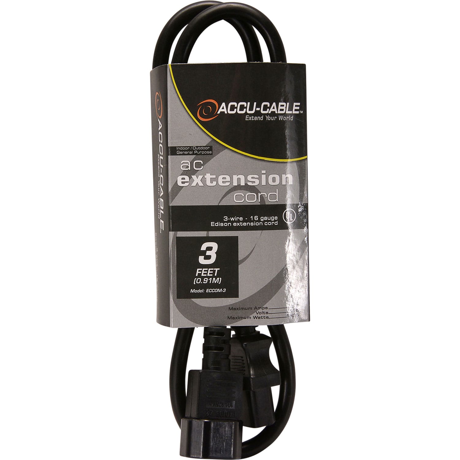 American DJ Accu-Cable ECCOM-3 Indoor-Outdoor IEC Extension Cord (3')