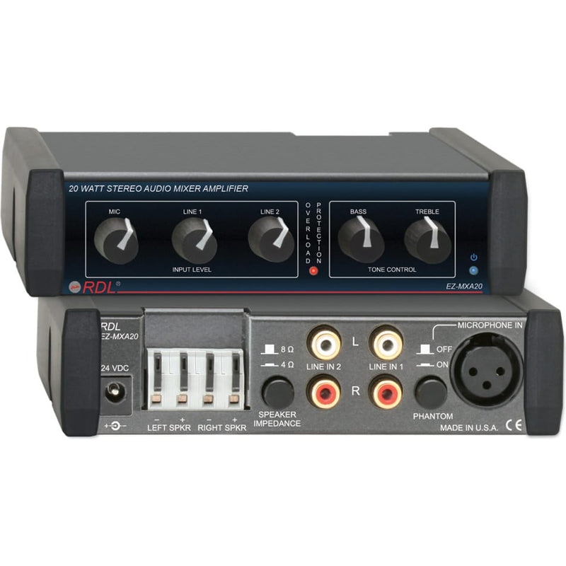 RDL EZ-MXA20X 20 W Stereo Audio Mixer-Amplifier with EQ (Worldwide Power Supply)