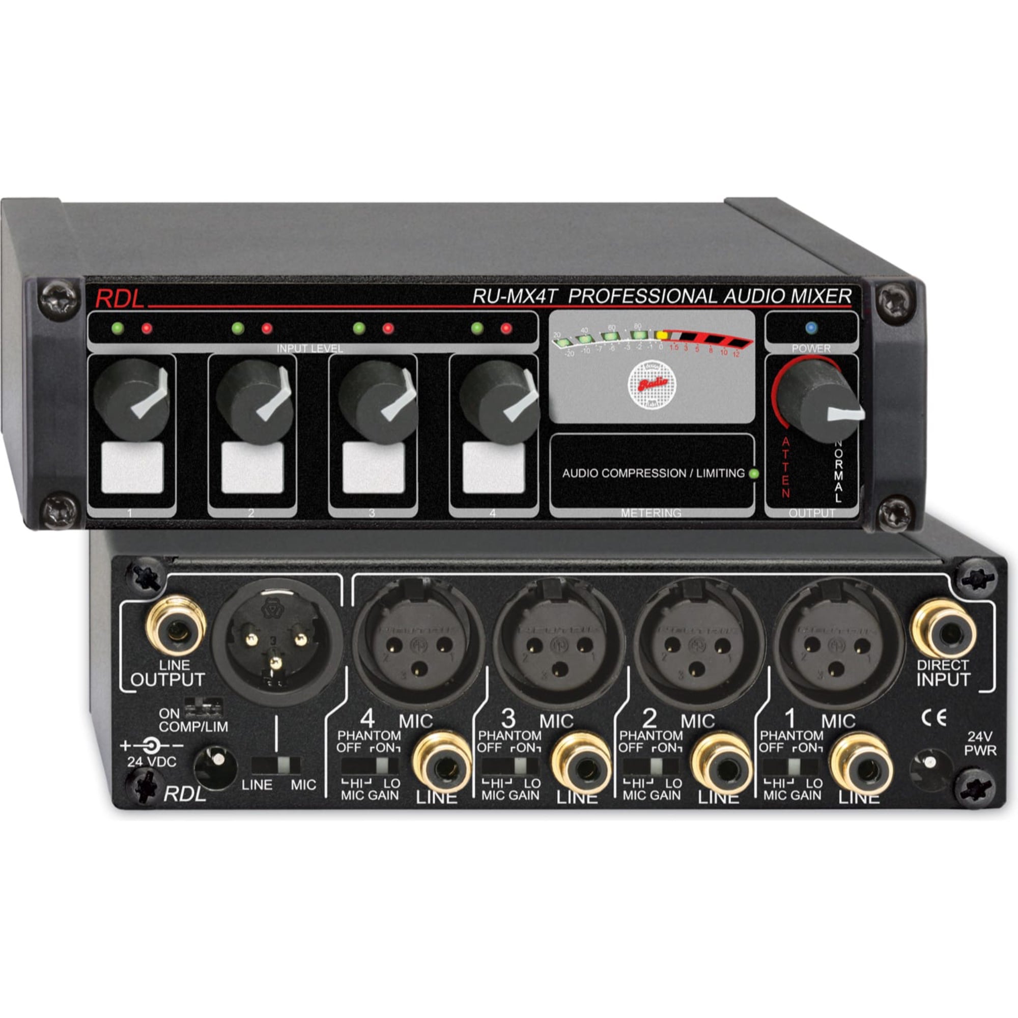 RDL RU-MX4T Professional 4 Channel Mic/Line Mixer with Phantom Power & Transformer