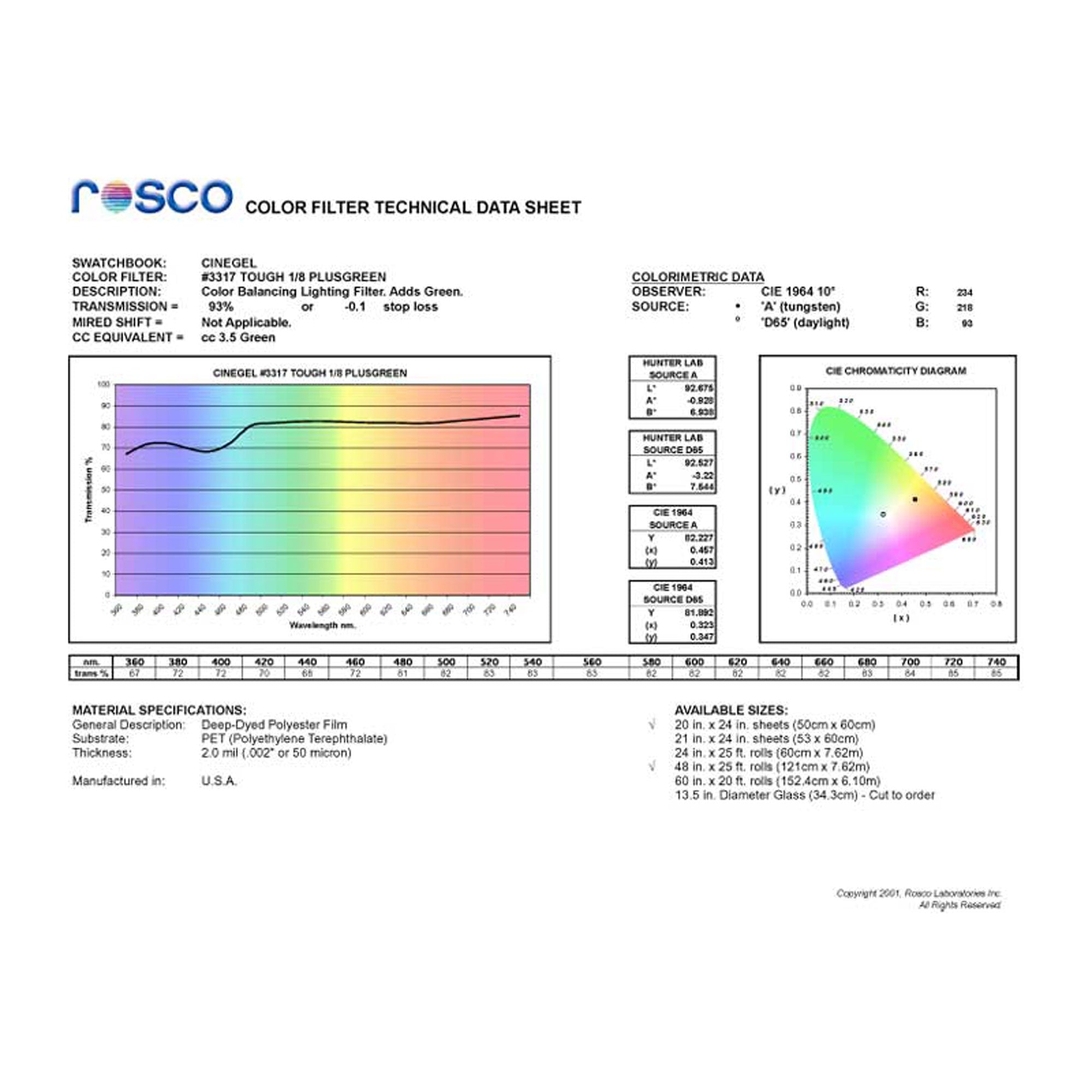 Rosco #3317 Roscolux Cinegel Filter Gel Tough 1/8 Plusgreen (24" x 25' Roll)