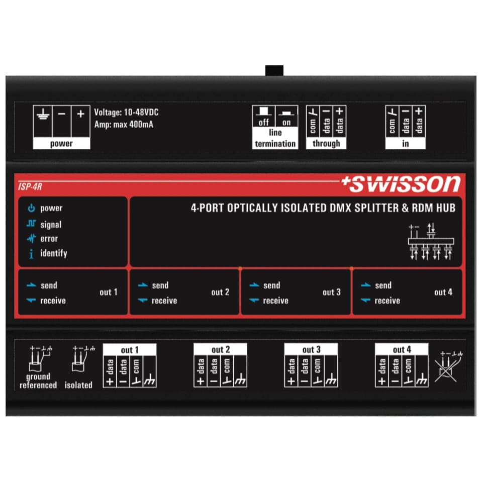 Swisson ISP-4R-DC-RJ45A DIN Rail Mountable, DMX & RDM Splitter, 4 Outputs, RJ45, ANSI E1.11 Pinout