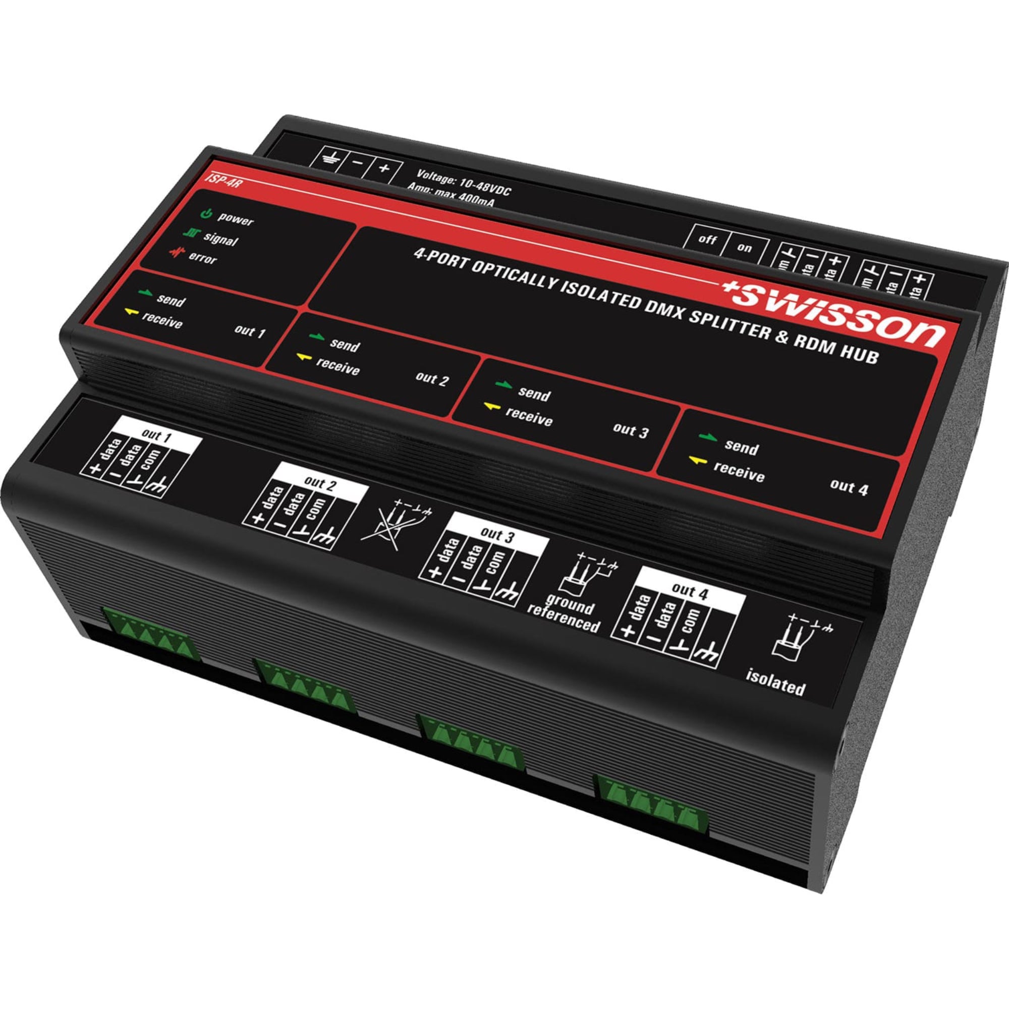 Swisson ISP-4R-DC-RJ45A DIN Rail Mountable, DMX & RDM Splitter, 4 Outputs, RJ45, ANSI E1.11 Pinout