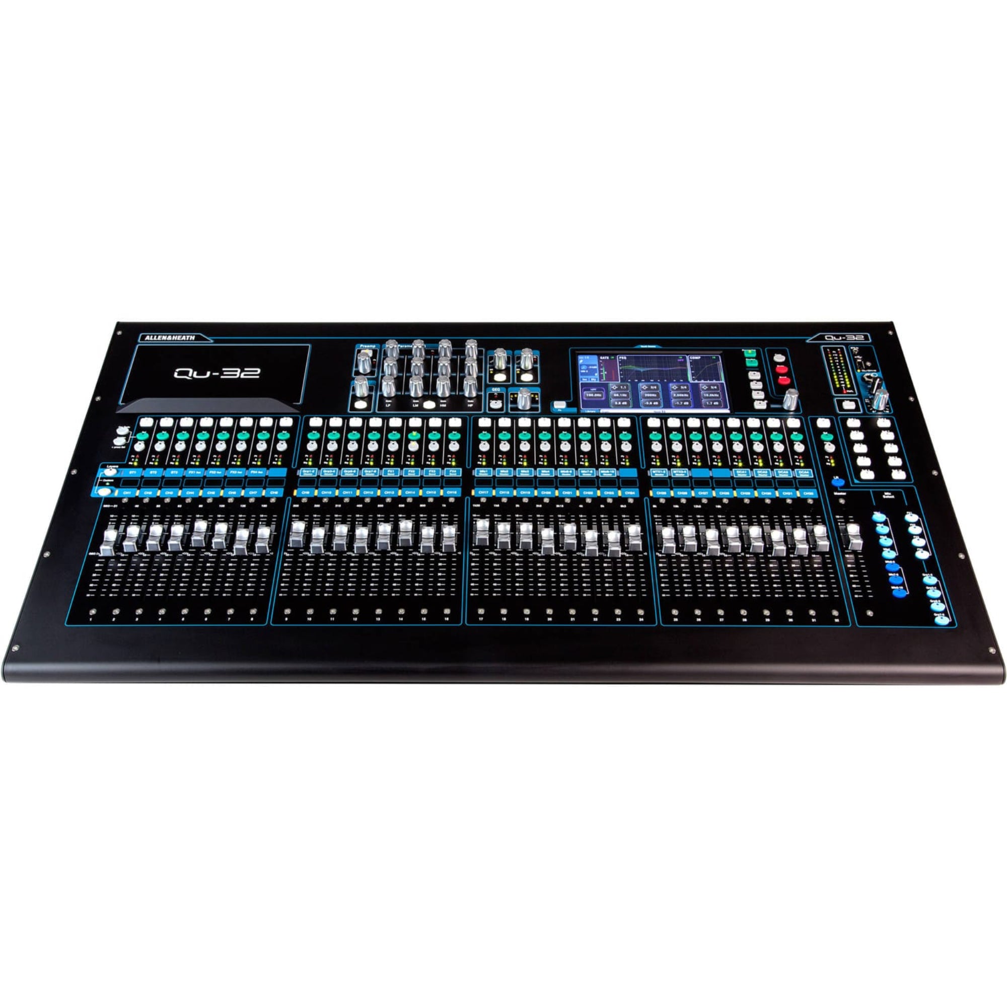 Allen & Heath Qu-32C Digital Mixer angled front view with controls, faders and screen on white background