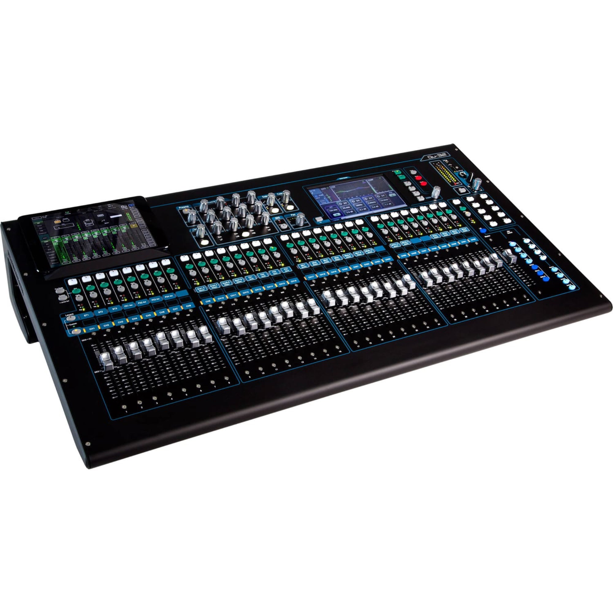 Allen & Heath Qu-32C Digital Mixer, in a chrome edition finish, featuring multiple control knobs, a touch screen interface, and a master fader.