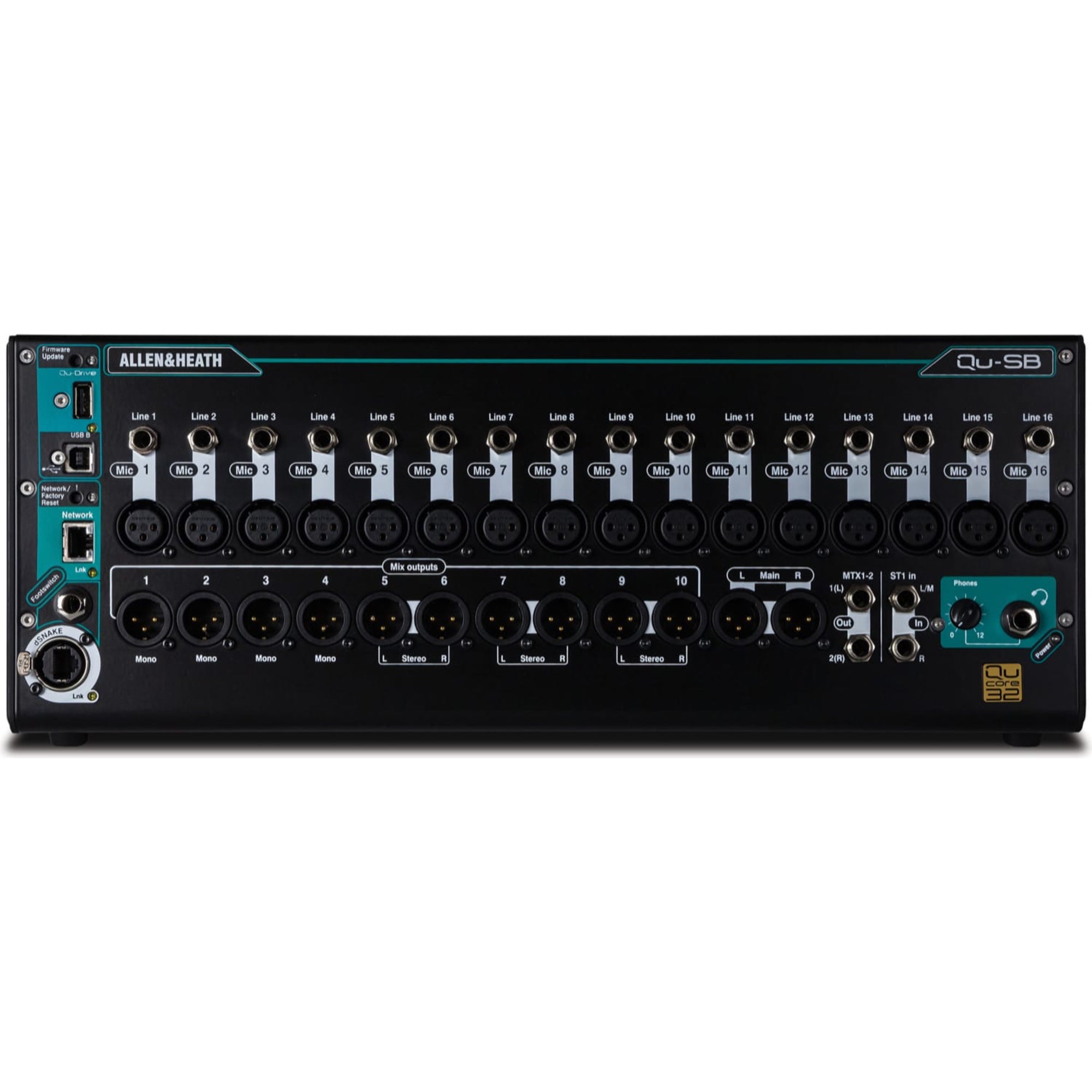 Allen & Heath Qu-SB Portable Digital Mixer front panel view with XLR and TRS and Ethernet connections