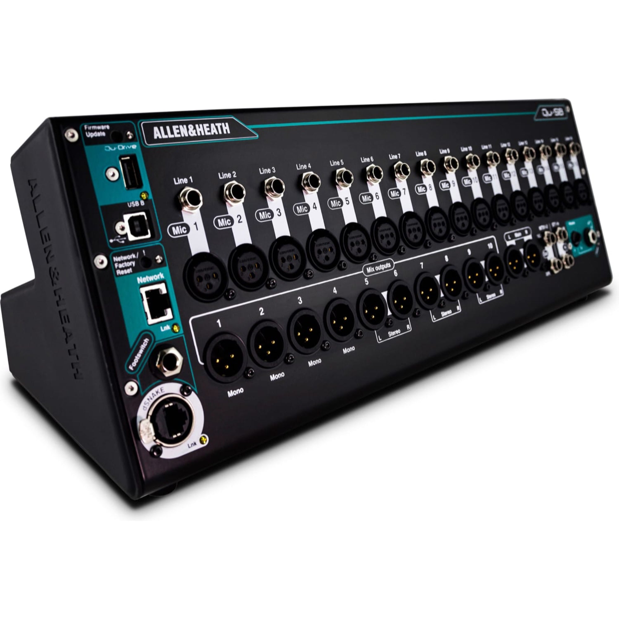 Allen & Heath Qu-SB Portable Digital Mixer, black and green in color with multiple input and output ports for audio and communication equipment.